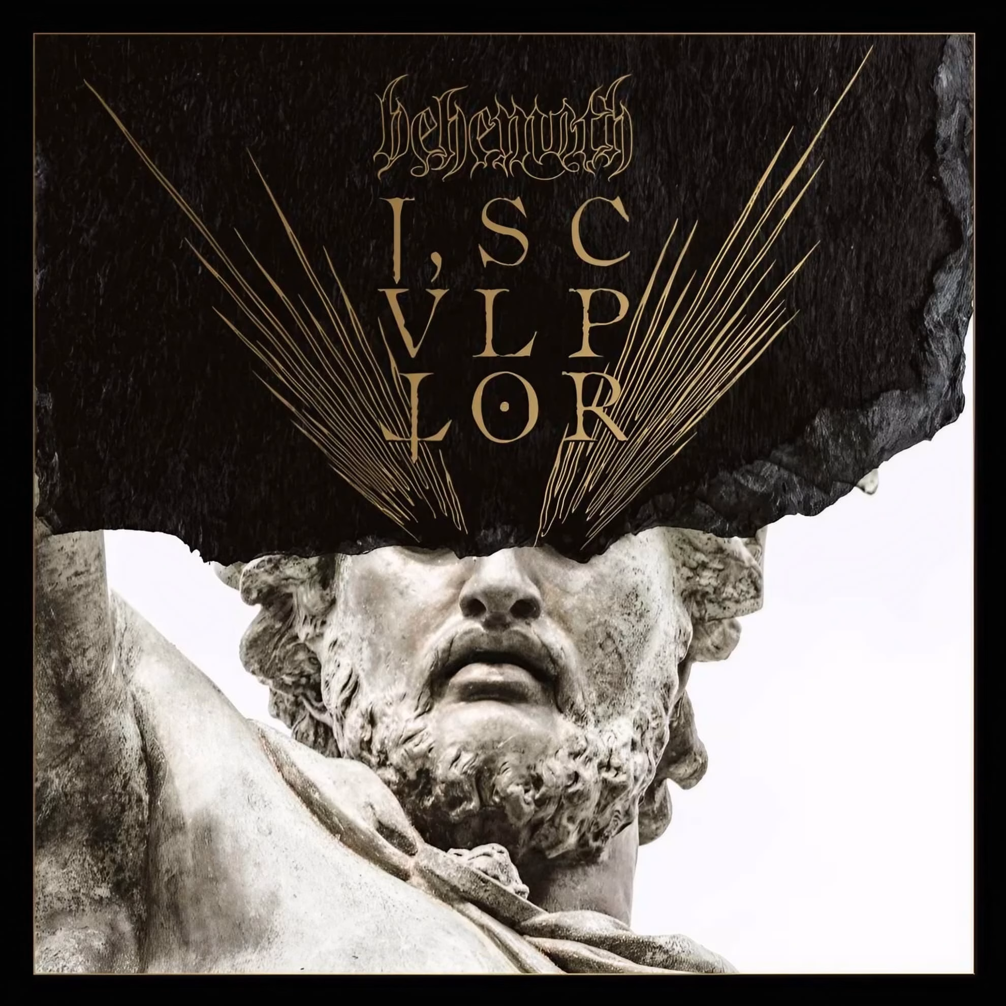 Behemoth Carve Their Name Again on 'I, Scvlptor' Behemoth ‘I, Scvlptor’ cover — marble statue upturned beneath a black stone slab bearing the album title in gold.