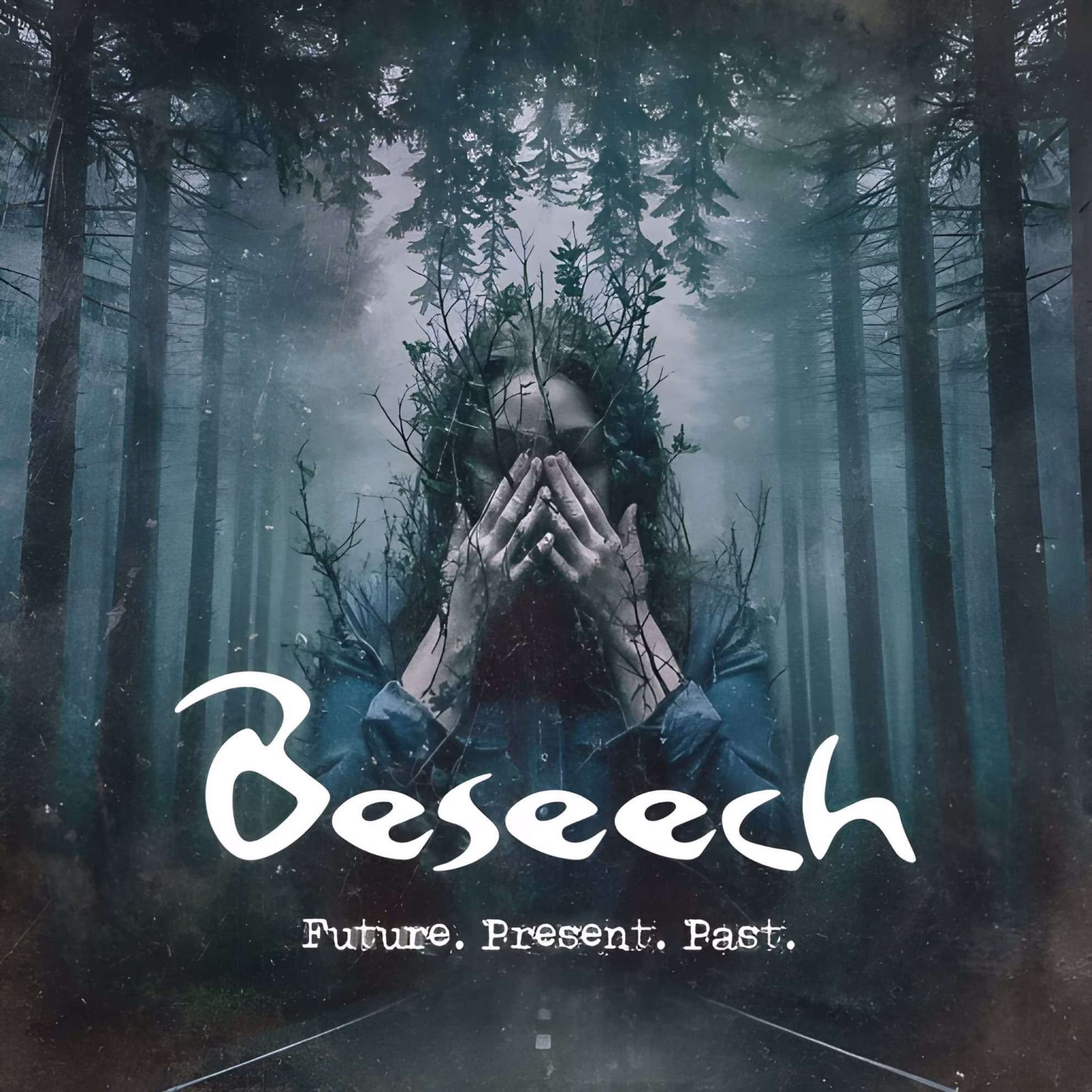 Beseech Complete a Thirty-Year Argument With ‘Hesitation’ ‘Future. Present. Past.’ album cover: figure with hands raised to face, branches and foliage merging into their form, forest road receding behind.