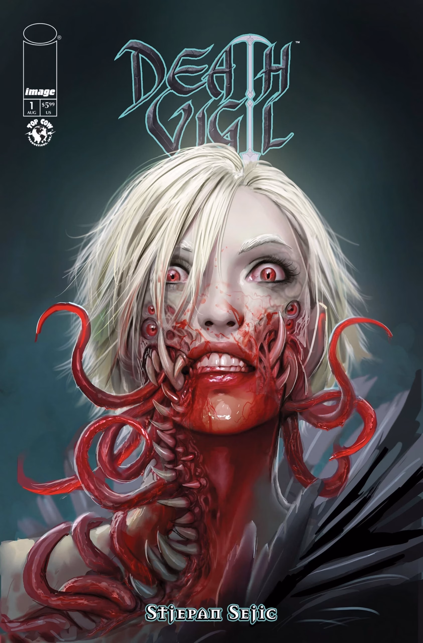 Top Cow Reawakens ‘Death Vigil’ for a Six-Issue Arc ‘Death Vigil’ #1 Cover D, a white-haired woman whose lower face splits into red tentacles and a fanged maw.