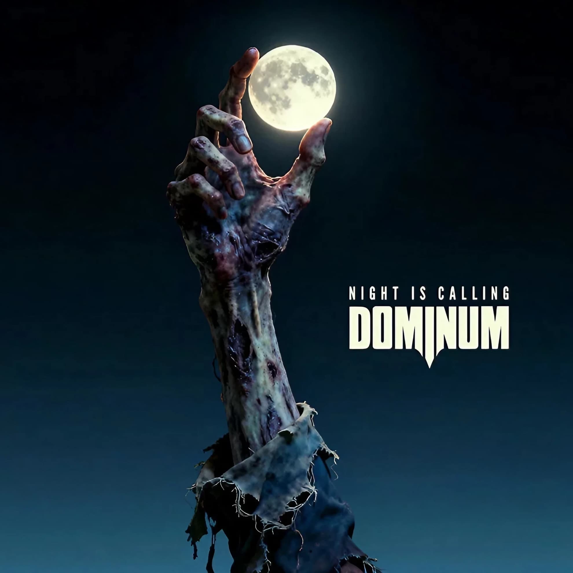 Dominum ‘Night Is Calling’ cover — a decayed hand rising from a tattered sleeve toward a full moon in a dark blue sky.