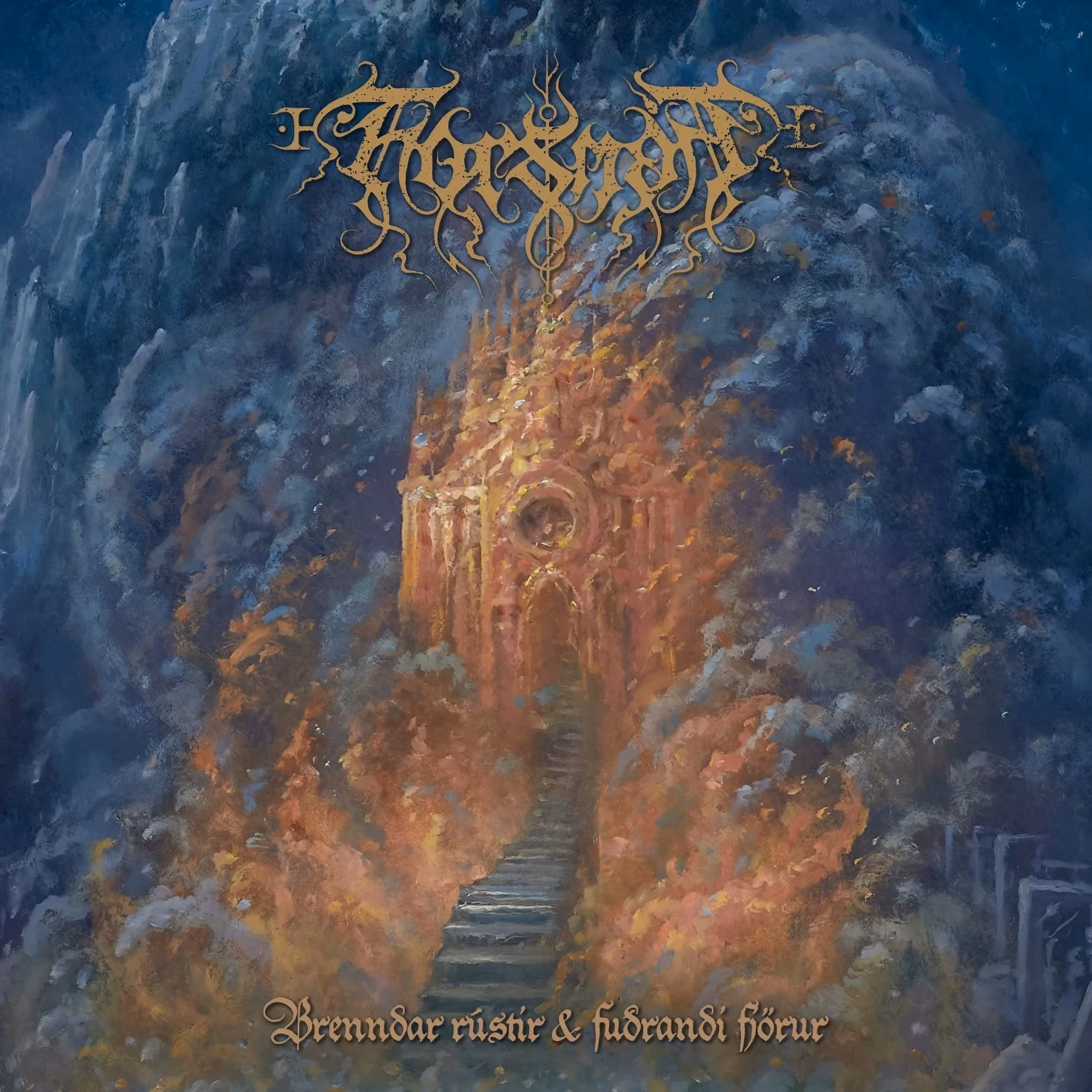 Forsmán Set Iceland Burning on ‘Brenndar Rústir & Fuðrandi Fjörur’ Forsmán ‘Brenndar Rústir & Fuðrandi Fjörur’ cover — a burning golden ruin and ascending stone staircase ringed by swirling blue-grey storm, gold band logo above.