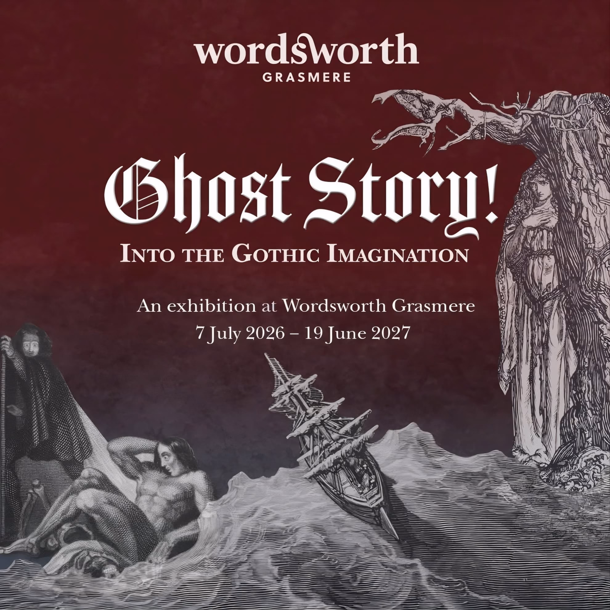 ‘Ghost Story! Into the Gothic Imagination’ poster, Wordsworth Grasmere, deep red ground with engraved gothic figures.