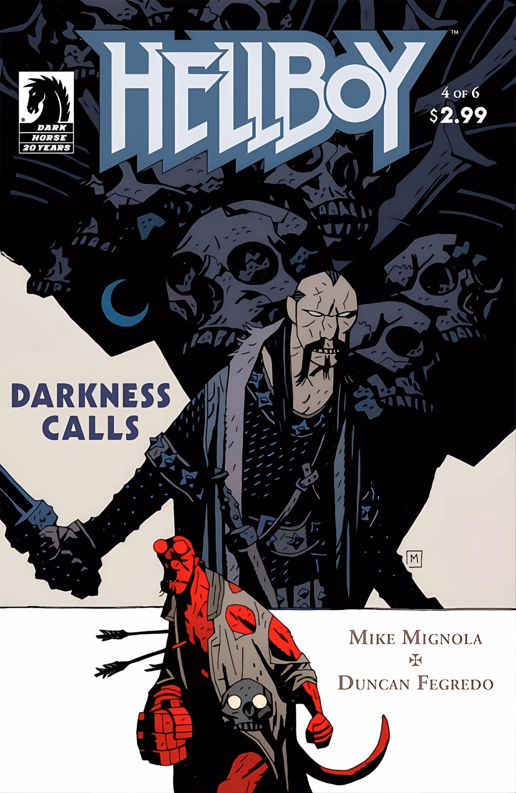 ‘Koshchei the Deathless’ Omnibus Closes the Cycle Cover of ‘Hellboy: Darkness Calls’ #4, Dark Horse Comics, showing Koshchei looming over a diminished Hellboy against a pale ground.