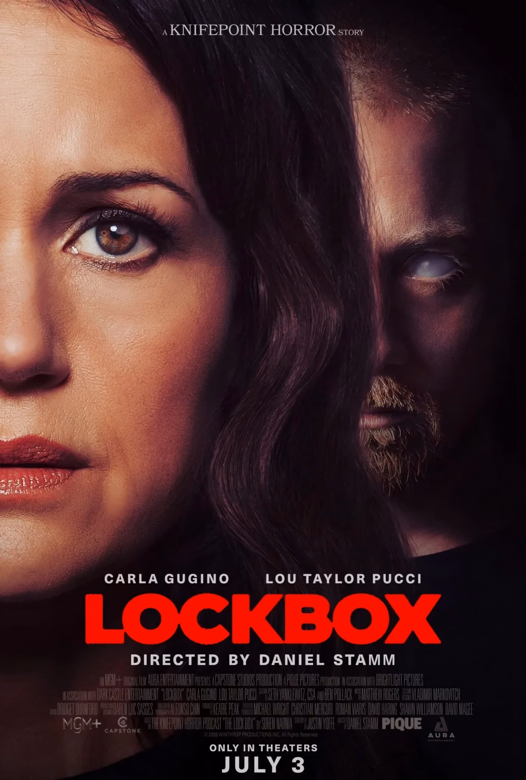 ‘Lockbox’ Opens With Knifepoint Horror’s Quiet Dread ‘Lockbox’ (2026) poster: Carla Gugino beside Lou Taylor Pucci, his right eye clouded white.
