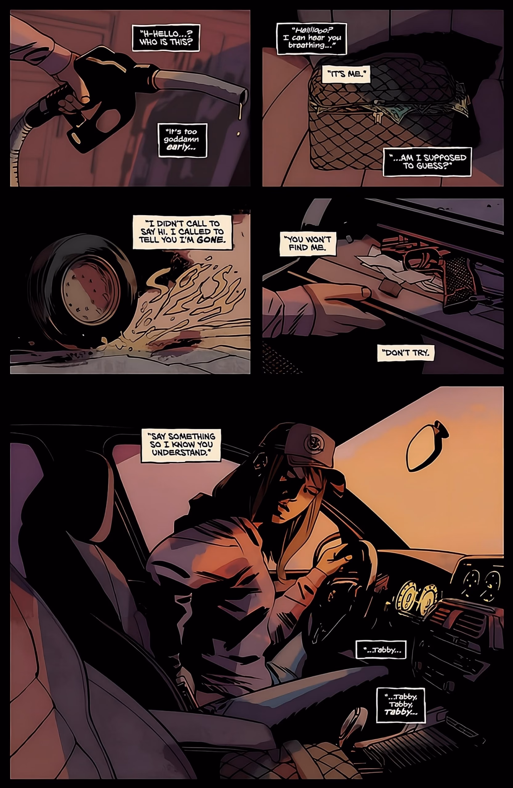 &lsquo;Of the Earth&rsquo; #1 interior page: Tabby drives at dawn, phone call dialogue across five panels above.