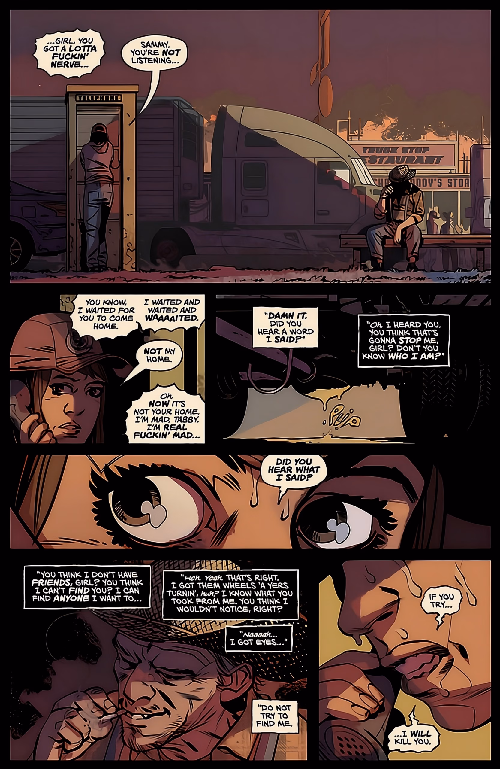 &lsquo;Of the Earth&rsquo; #1 interior page: Tabby at a truck stop payphone, confrontation escalating to extreme close-ups.