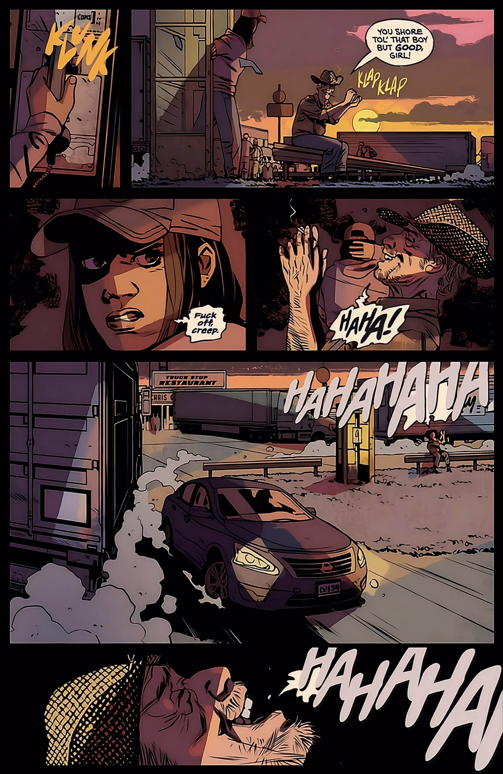 &lsquo;Of the Earth&rsquo; #1 interior page: Tabby leaves a truck stop as a man&rsquo;s laughter fills the panels behind her.