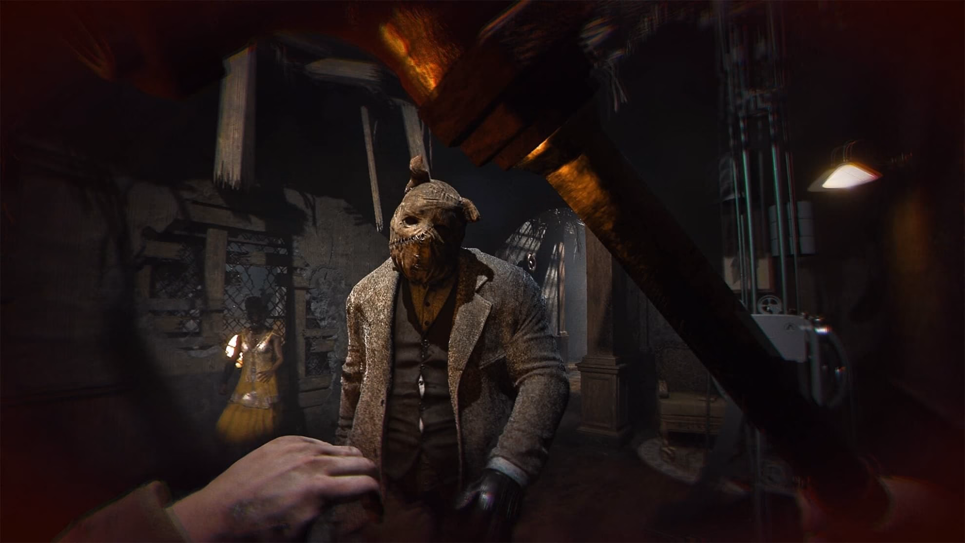 The Judge in a burlap mask and period suit faces the player's outstretched hand; a pendulum blade descends from above.