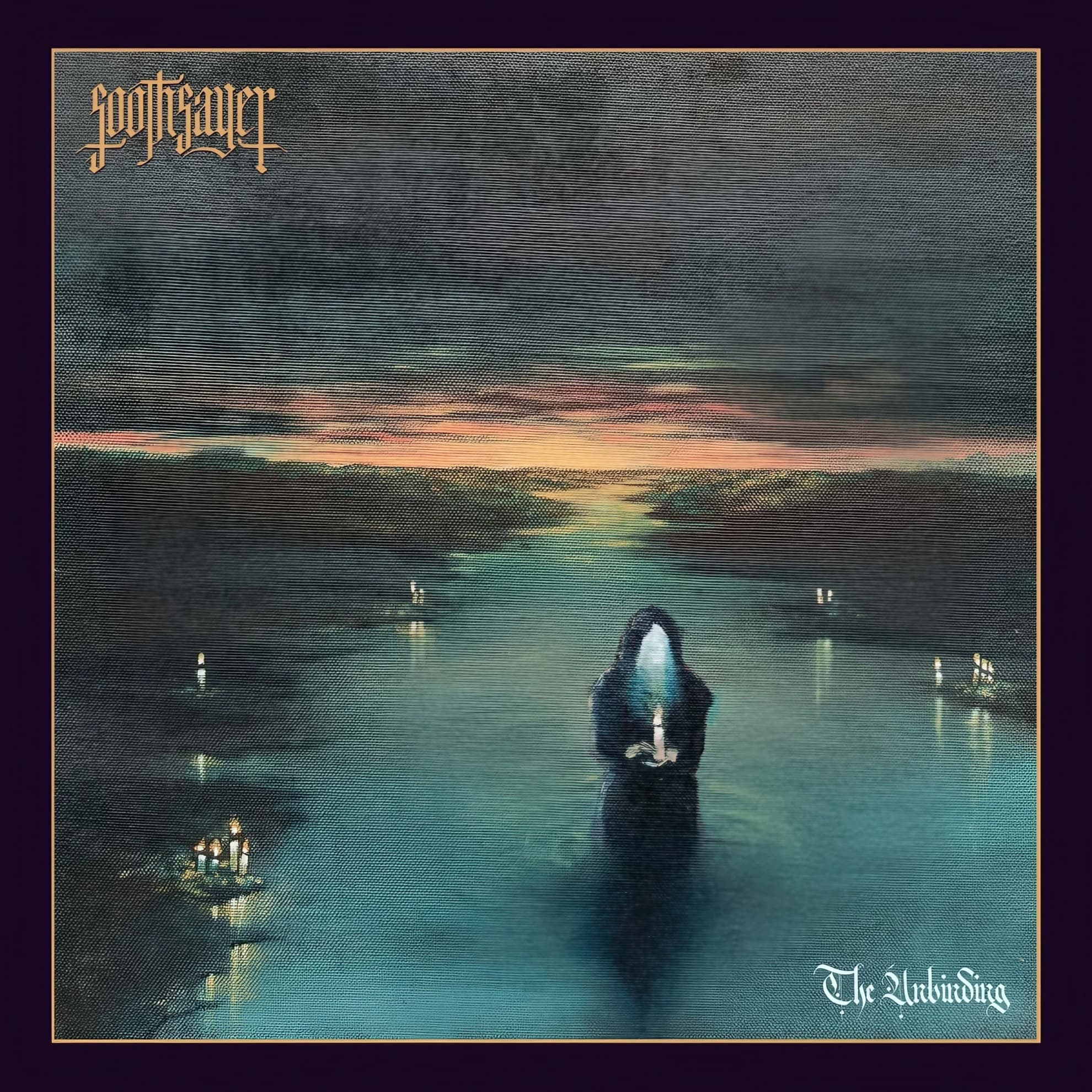 Soothsayer ‘The Unbinding’ cover art: a hooded figure stands waist-deep in still water holding a candle at dusk, in teal and orange tones.