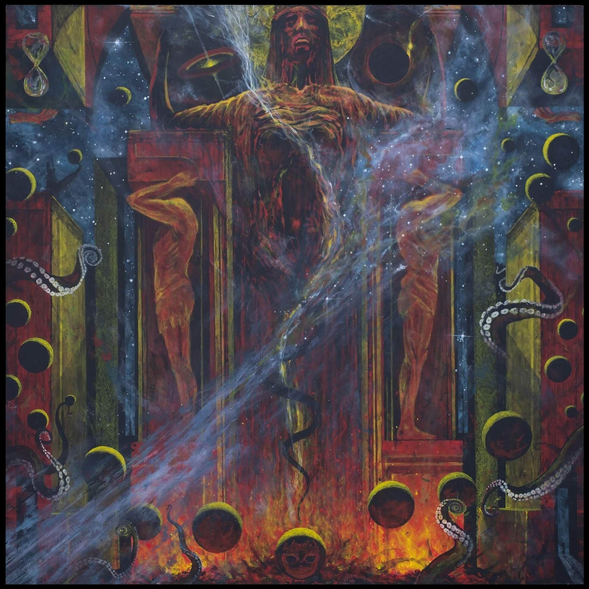 Soulburn Weigh Extinction on ‘Quantifying Cosmic Doom’ Album cover for Soulburn’s ‘Quantifying Cosmic Doom’ — a gaunt enthroned figure with outstretched arms in a starfield framed by lunar crescents, hourglasses, tentacles, and rising flame, in red, ochre, and dark blue.