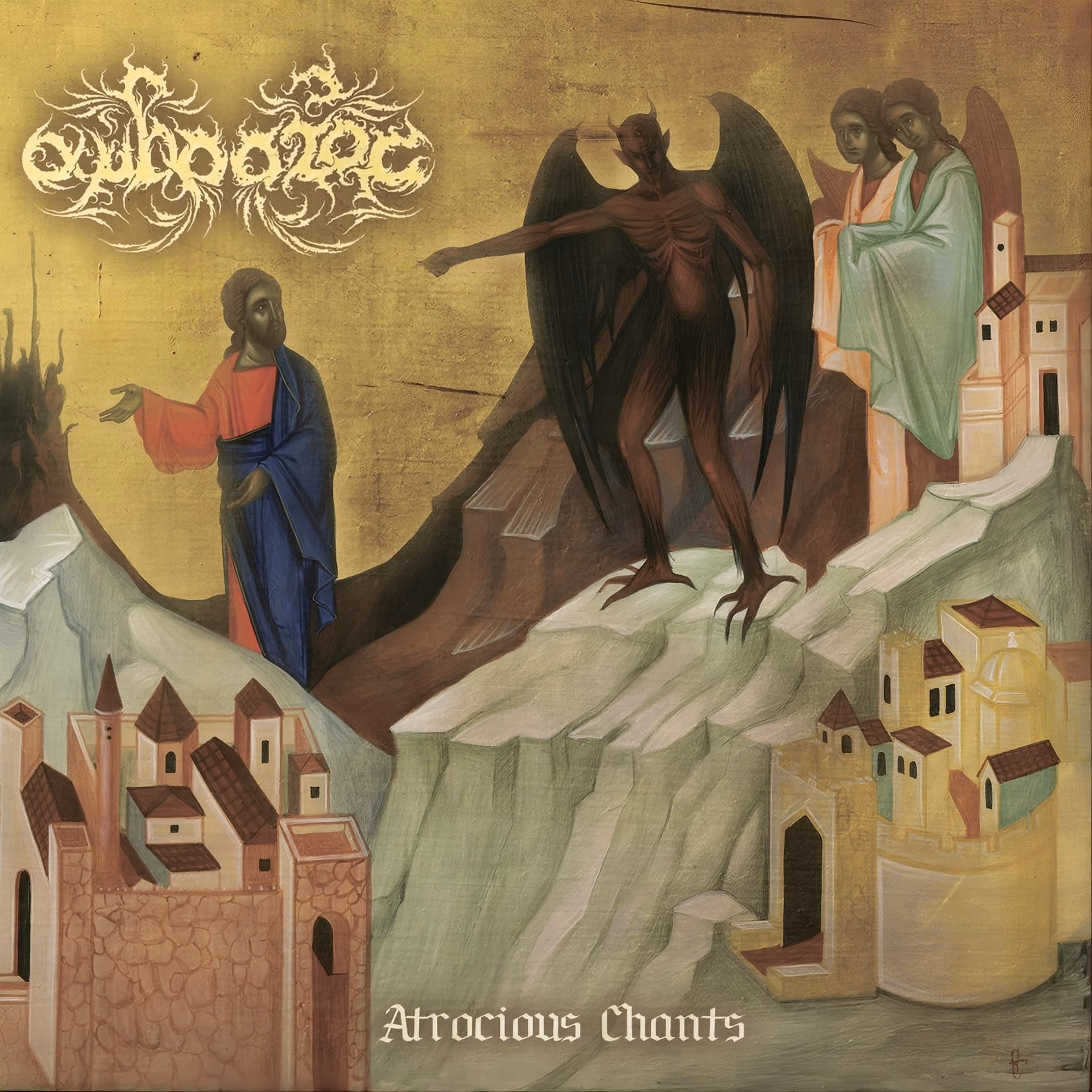 Ambrotos ‘Atrocious Chants’ album cover — Byzantine icon style painting of Satan confronting Christ above a walled city, on gold ground.