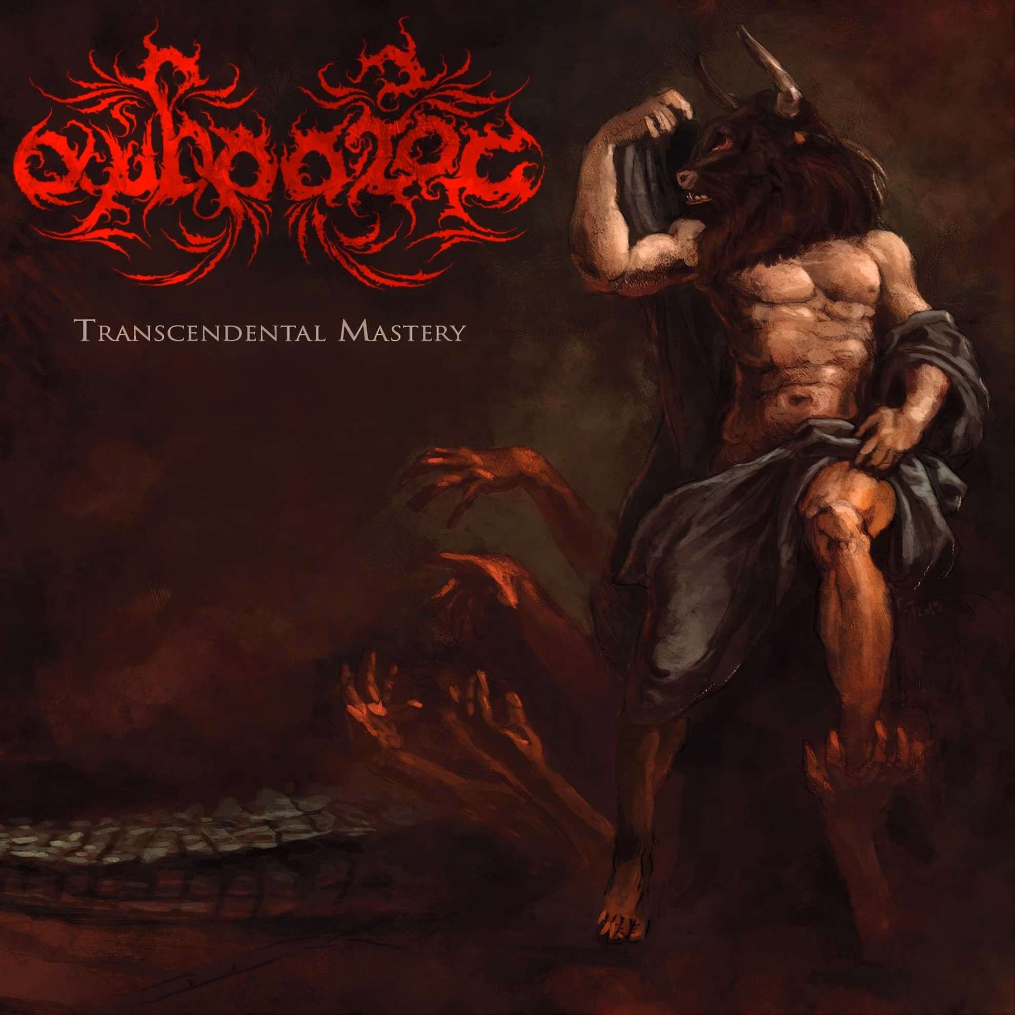 Ambrotos ‘Transcendental Mastery’ cover — a minotaur-like figure standing upright in draped cloth, surrounded by grasping hands rising from a dark ground.