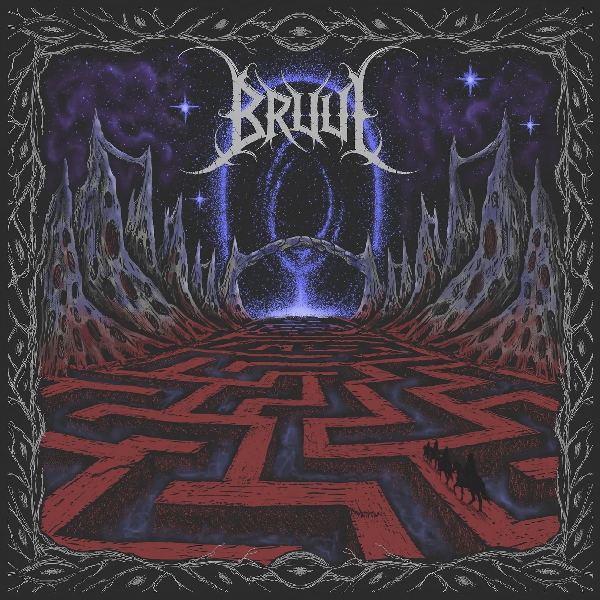 Bruul, ‘Bruul’ album cover — a red rune-patterned path leads through jagged gray peaks toward a stone archway under a violet, starry sky.
