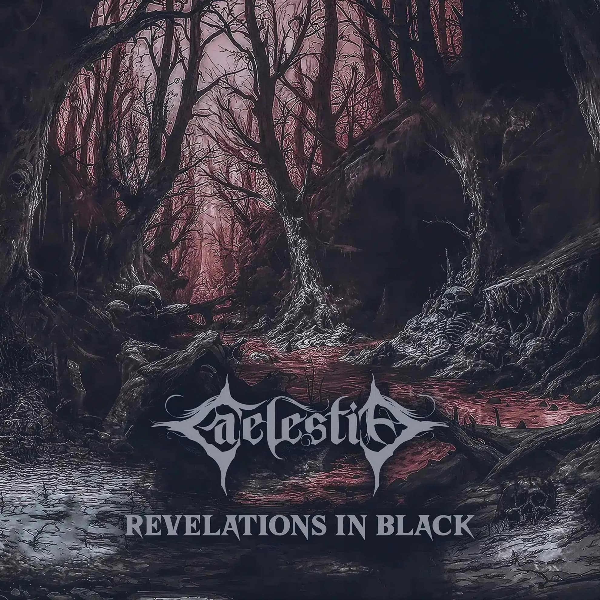 Caelestia Reckon With the Dead on ‘Revelations In Black’ Caelestia ‘Revelations In Black’ cover — bare trees above a blood-red stream in a dark, skeletal forest.