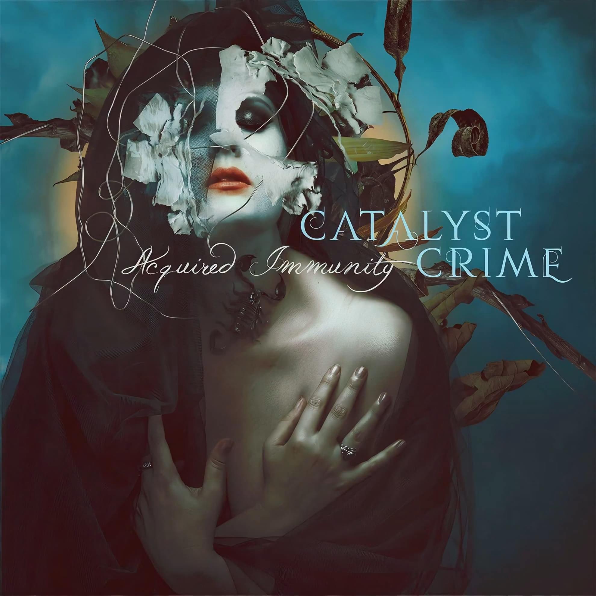 Catalyst Crime Cross Borders on ‘Acquired Immunity’ Catalyst Crime ‘Acquired Immunity’ album cover. A veiled pale-skinned woman with a cracked white mask and dark-rimmed eyes, dried leaves and a small scorpion around her, against a teal background.