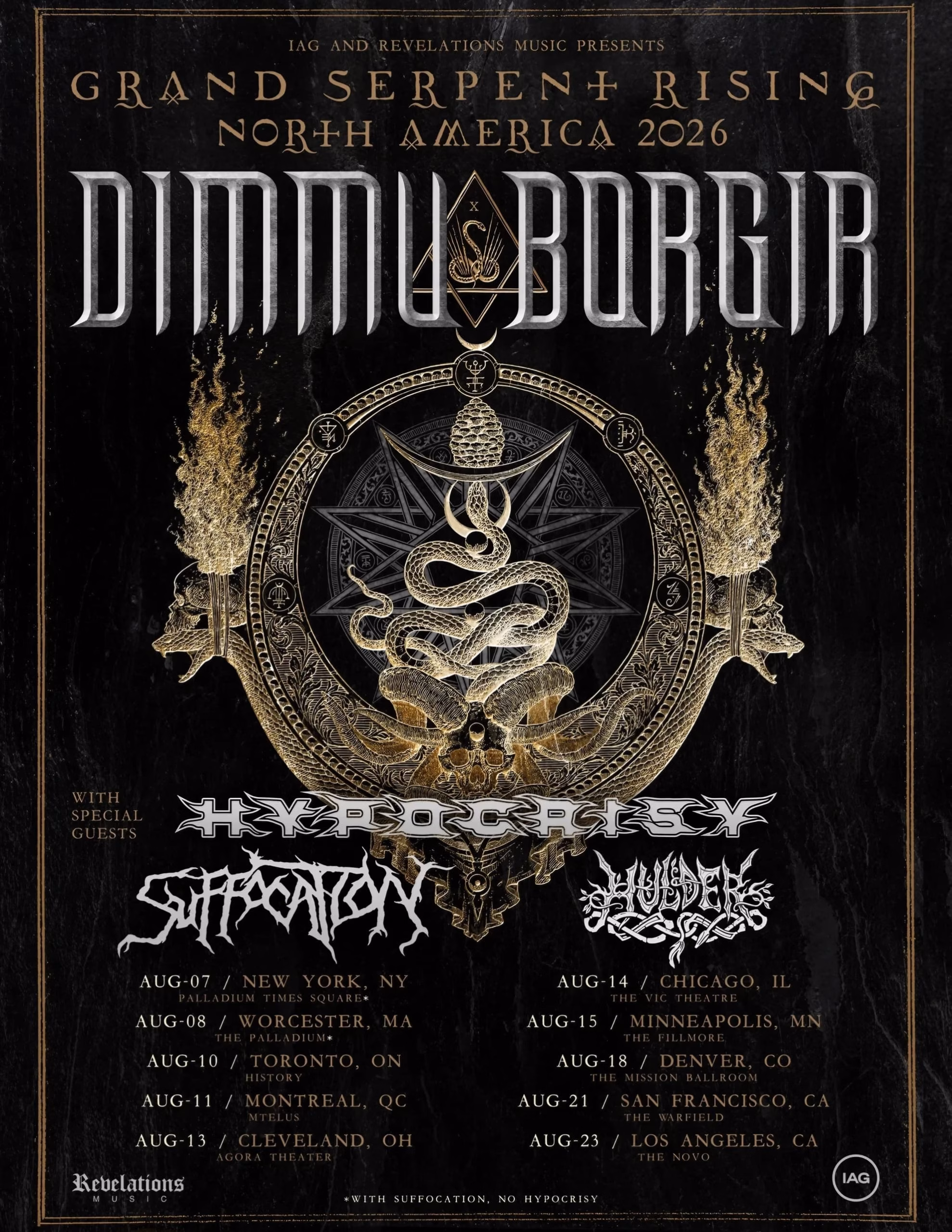 Hulder Turns Its Solo Ritual Into a Duet on ‘Verbolgen’ Tour poster for Dimmu Borgir’s 2026 Grand Serpent Rising North America tour, listing Hypocrisy, Suffocation, and Hulder.