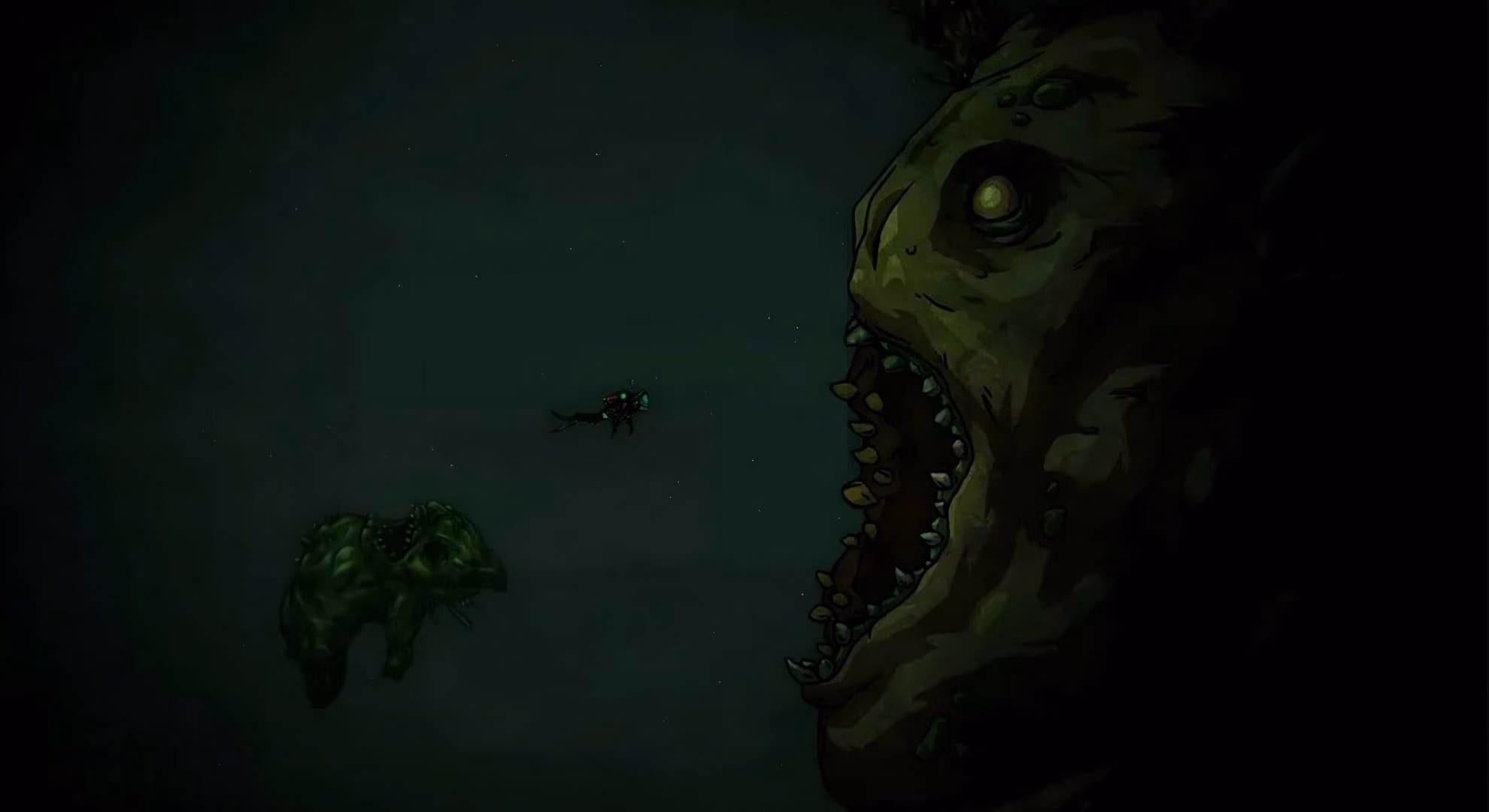 ‘Dive or Die: Children of Rain’ Drowns the World in Dread A tiny diver dwarfed by an enormous fanged creature with a single glowing eye in dark green water.