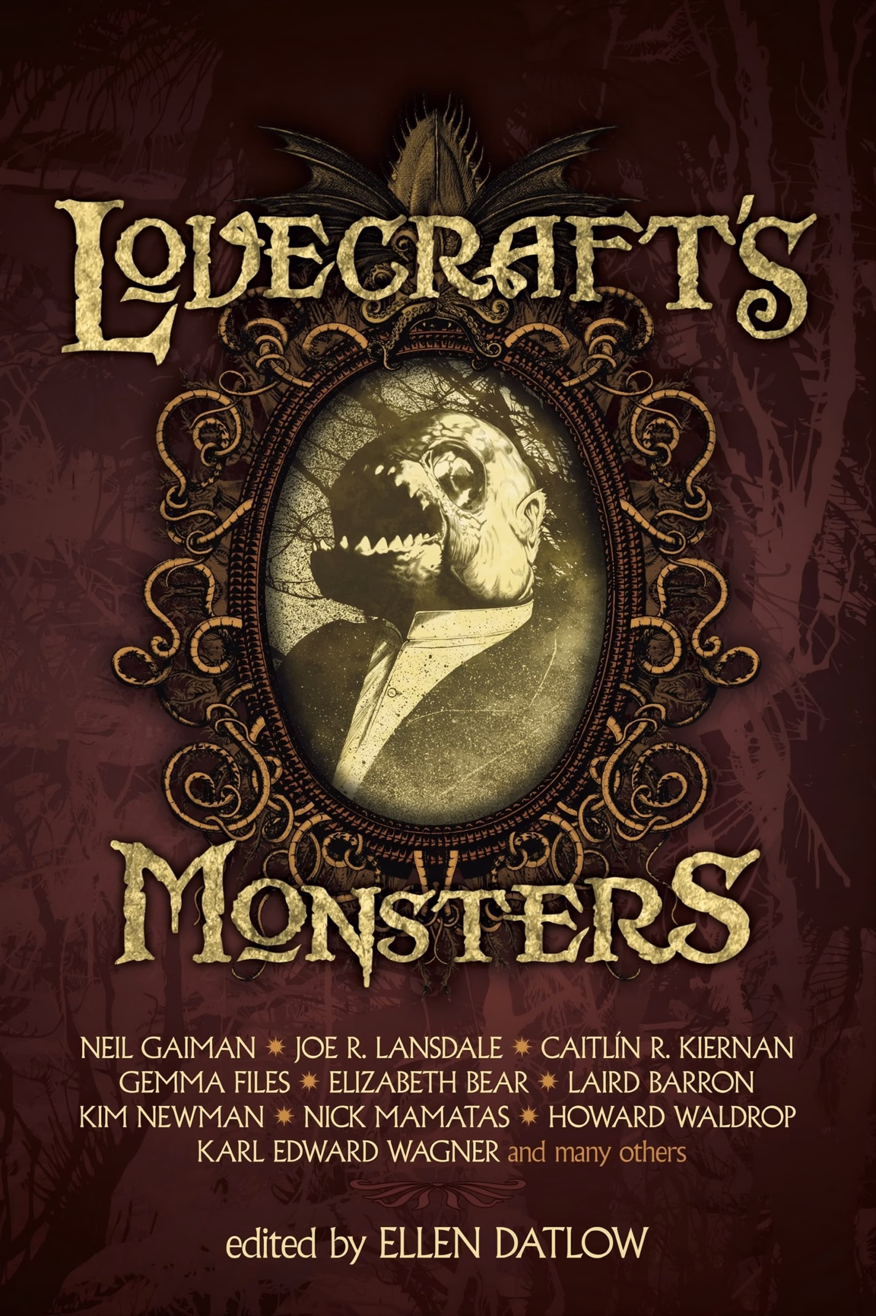 ‘Lovecraft’s Monsters,’ edited by Ellen Datlow, a fanged suited figure framed in an ornate oval medallion.