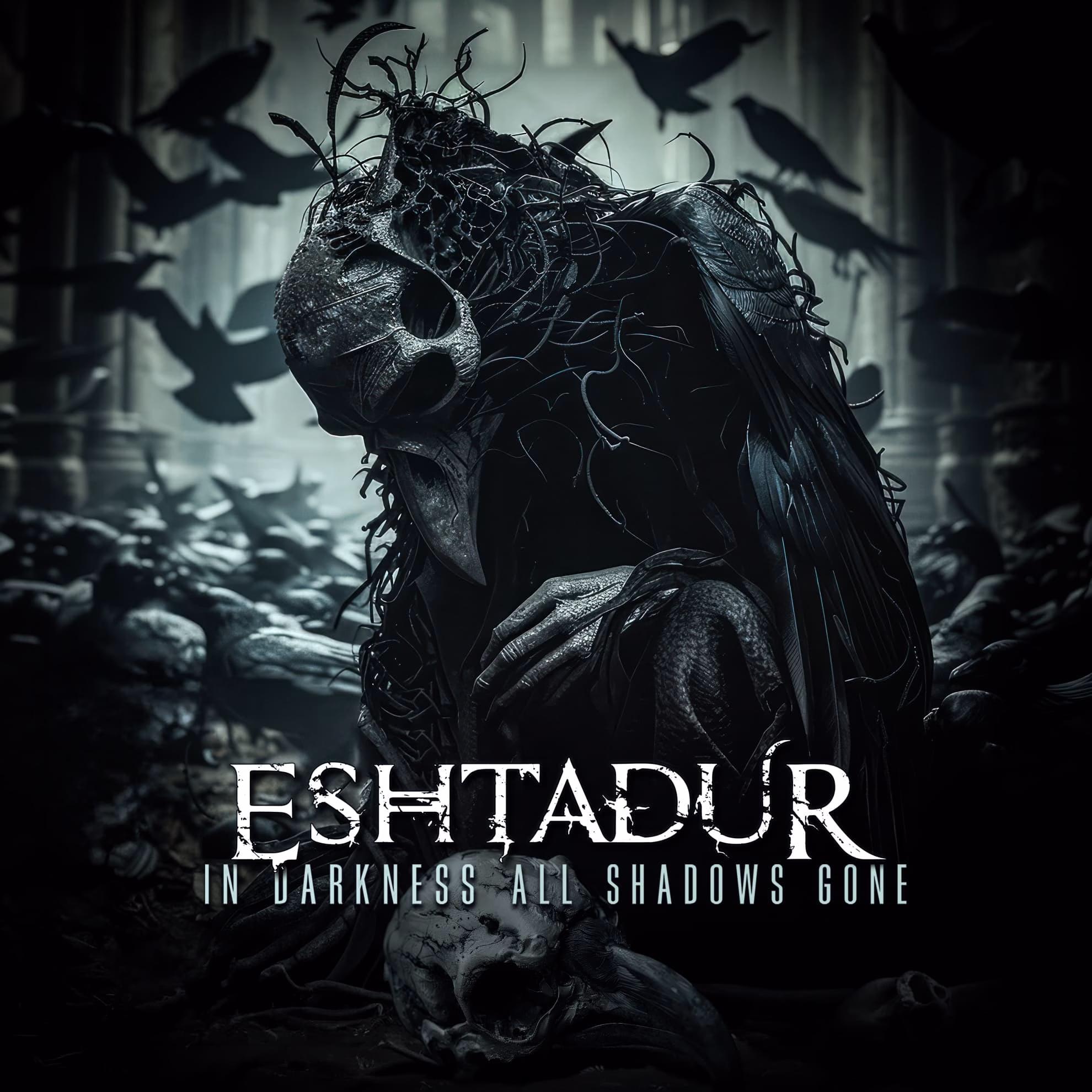 Eshtadur, ‘In Darkness All Shadows Gone’: a crow-headed figure cradles a skull in blue-gray tones before ruined columns and flying crows.