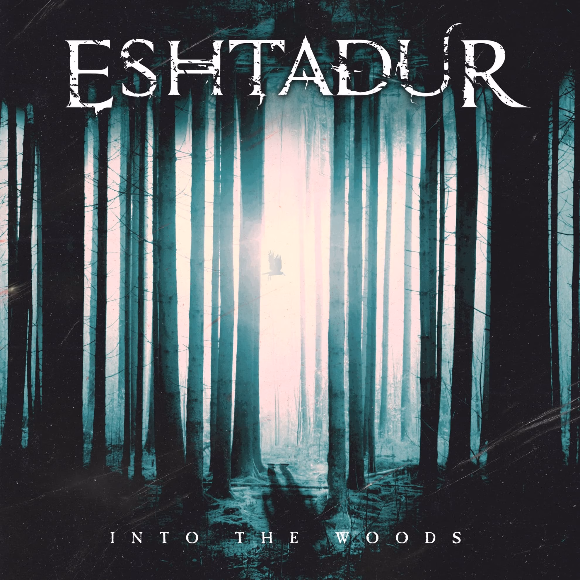Eshtadur, ‘Into the Woods’: a teal-lit forest corridor opening to white light, a crow in flight above a shadowed path.