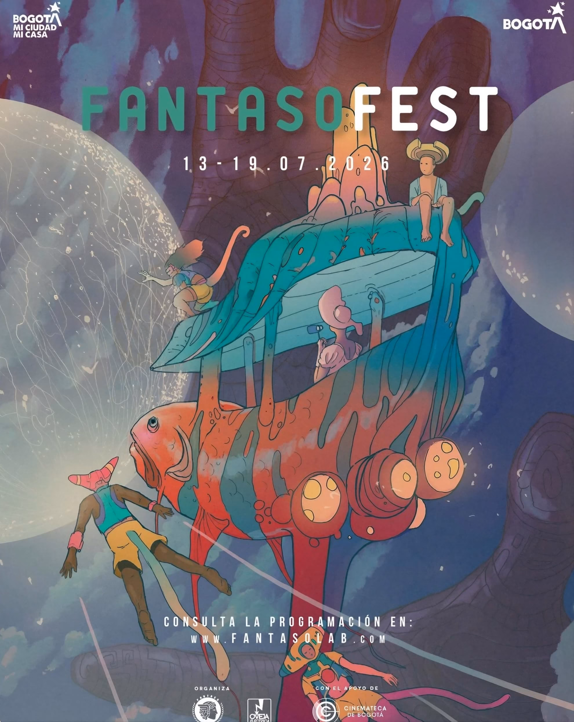 Official FantasoFest 2026 poster showing floating figures and a large fish over the dates July 13th to 19th.
