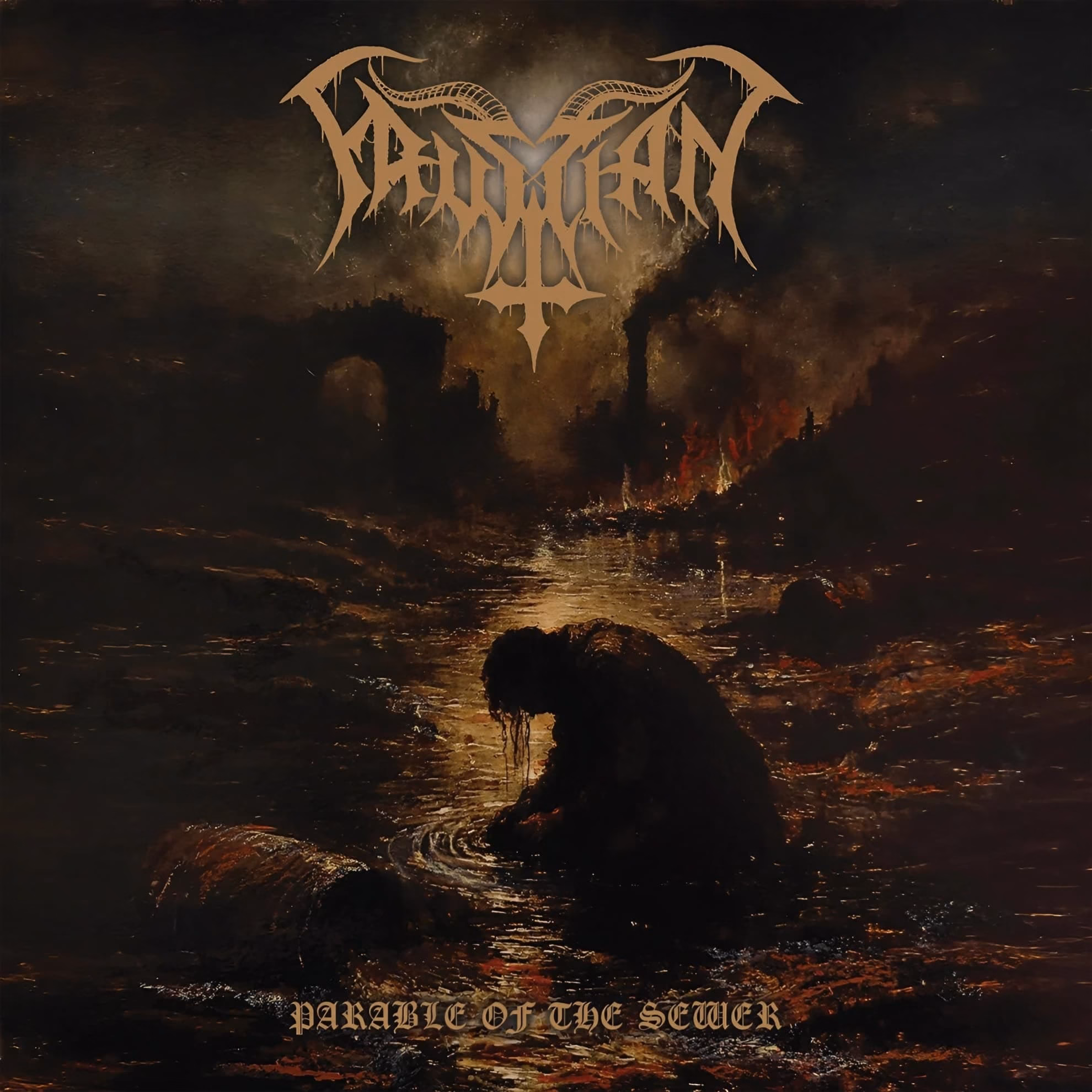 Faustian ‘Parable of the Sewer’ cover — a hooded figure kneels in a fiery, flooded ruin below an antlered gold logo.