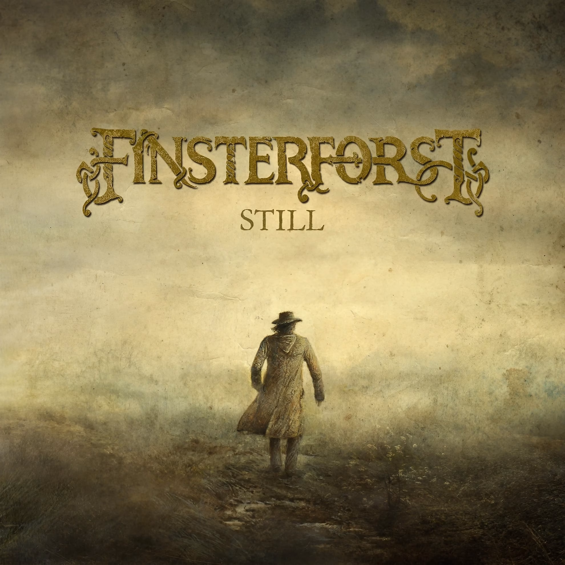Finsterforst ‘Still’ album cover: a lone hatted figure walking into pale fog.