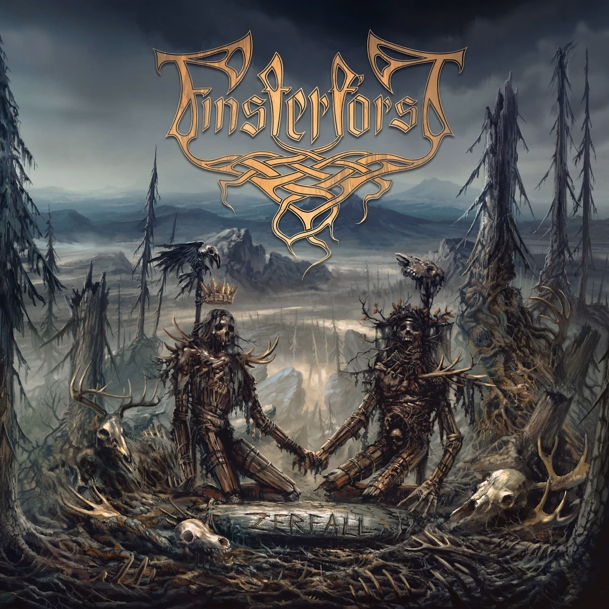 Finsterforst ‘Zerfall’ album cover: two skeletal, antlered figures joining hands before dark mountains.