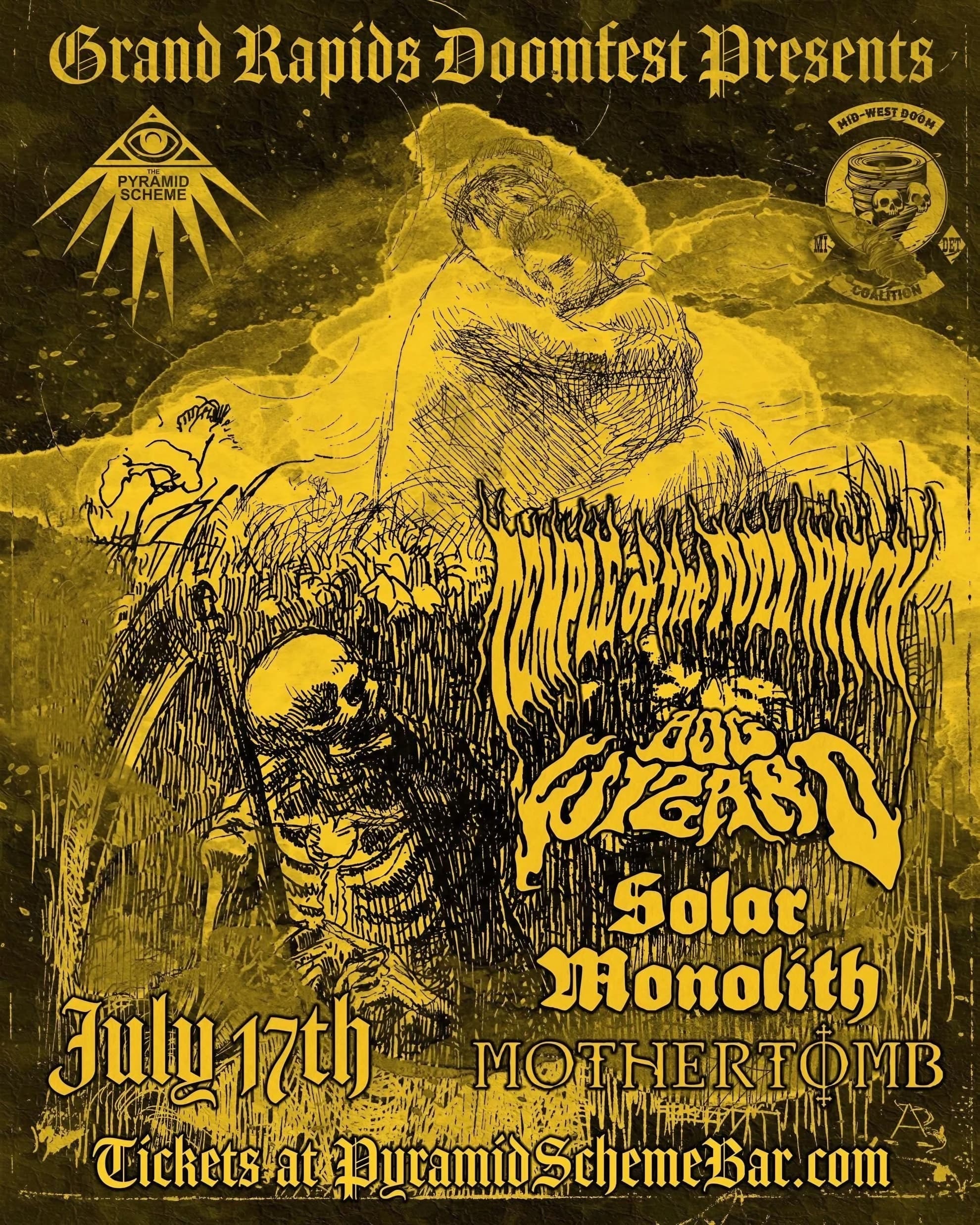Mothertomb Wring Life From Decay on ‘Dying to Live’ Yellow-and-black doom gig poster with a hooded figure and a skeleton in tall grass above a July 17th band lineup.