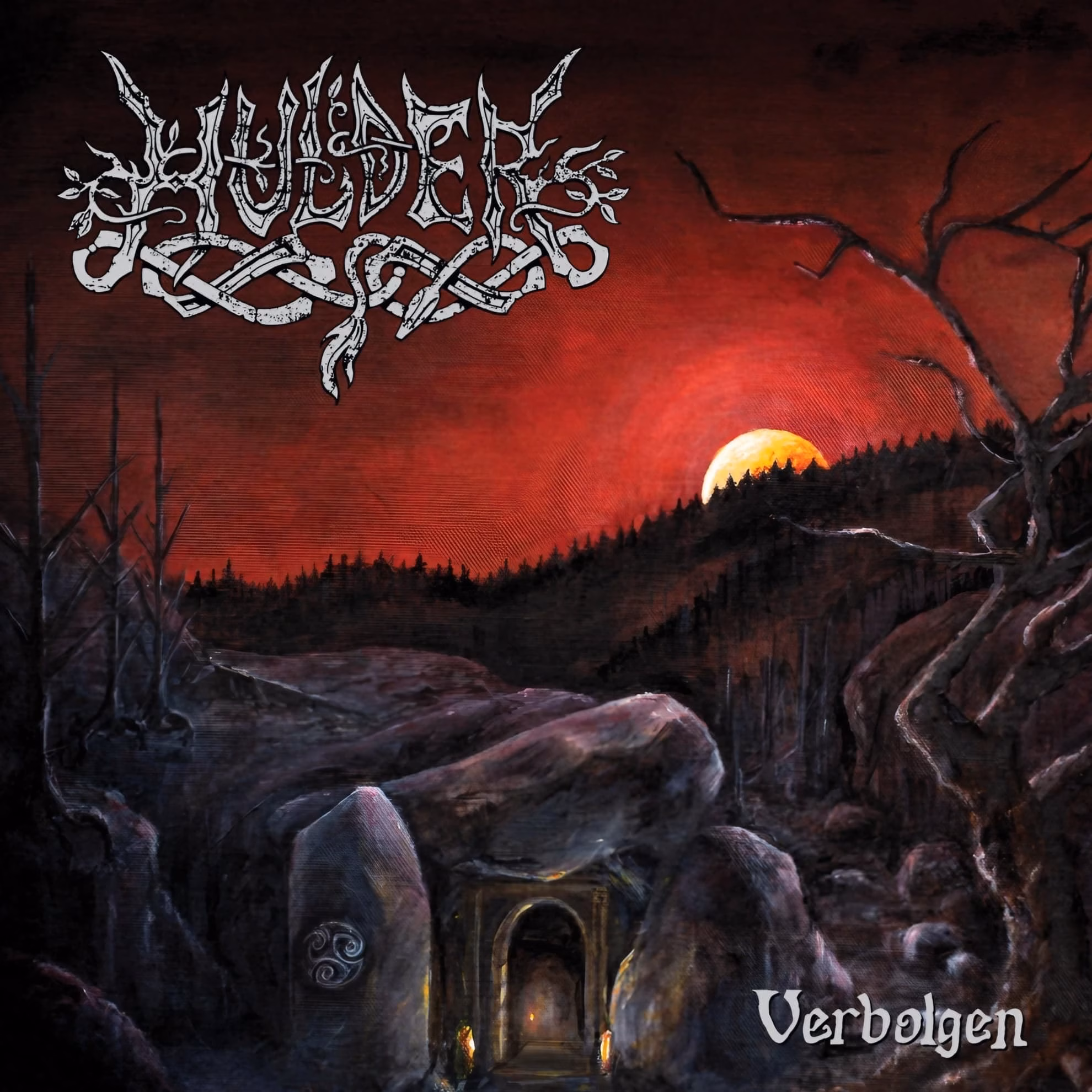 Hulder Turns Its Solo Ritual Into a Duet on ‘Verbolgen’ Album artwork for Hulder’s ‘Verbolgen,’ depicting a red twilight sky over a stone archway and rising moon.
