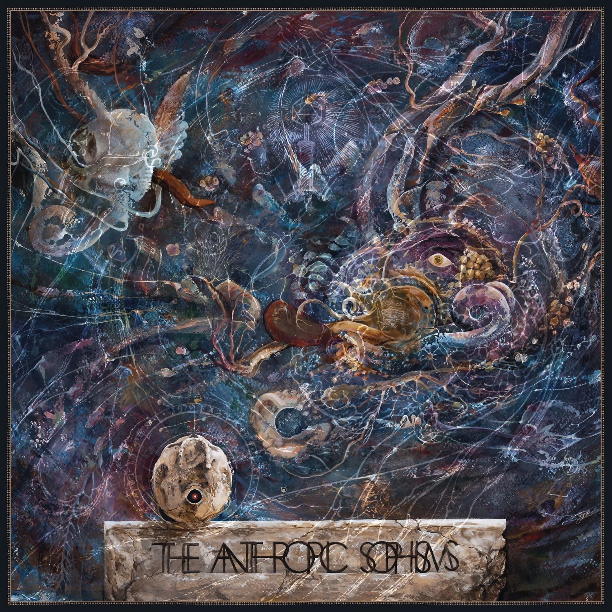 Inferno Descend Into Despair on ‘The Anthropic Sophisms’ Inferno 'The Anthropic Sophisms' cover — dense cosmic painting of cephalopods, skeletal forms, and astronomical diagrams over a stone plinth bearing the album title.