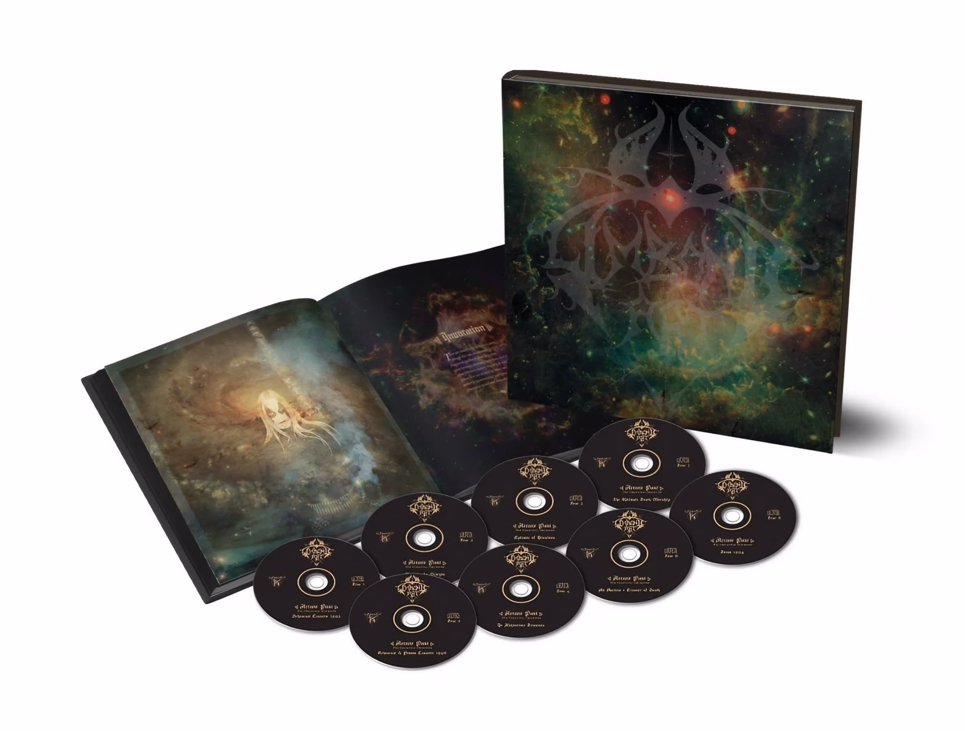The ‘Arcane Past: The Celestial Grimoire’ artbook open beside its eight fanned-out compact discs.