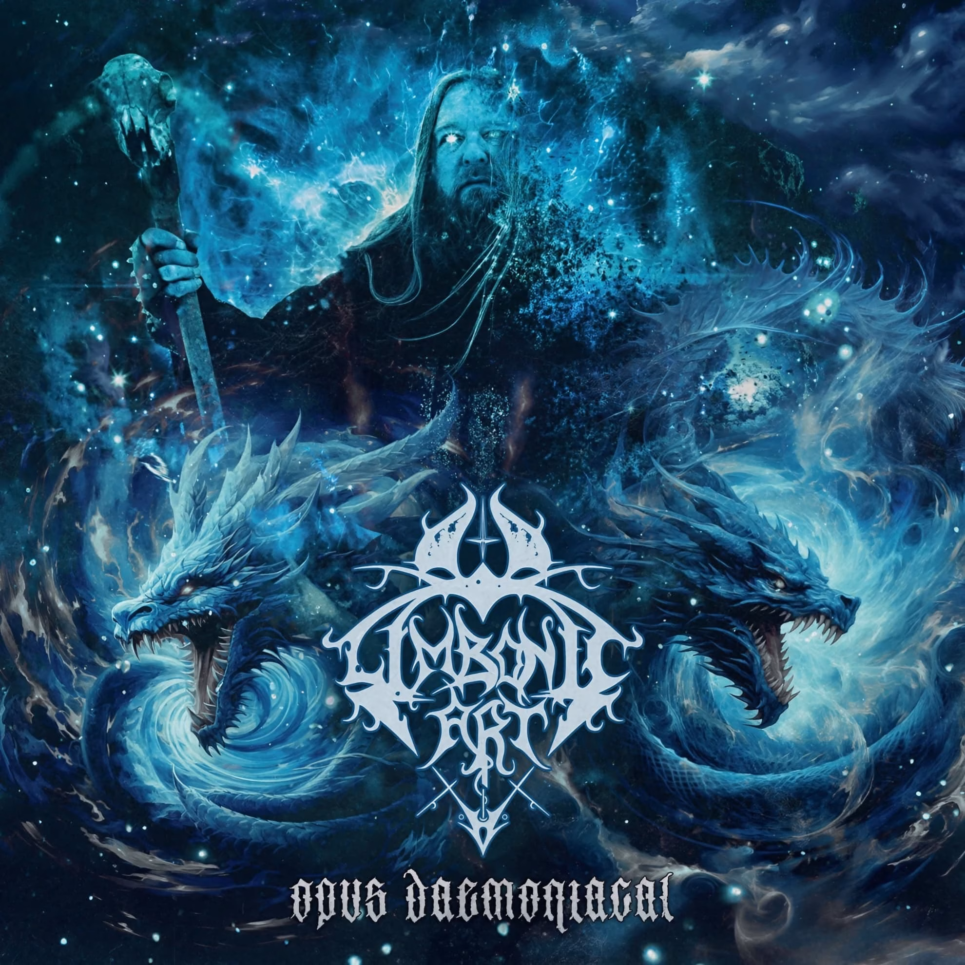 Cover art for Limbonic Art’s ‘Opus Daemoniacal,’ showing Daemon flanked by two dragons.