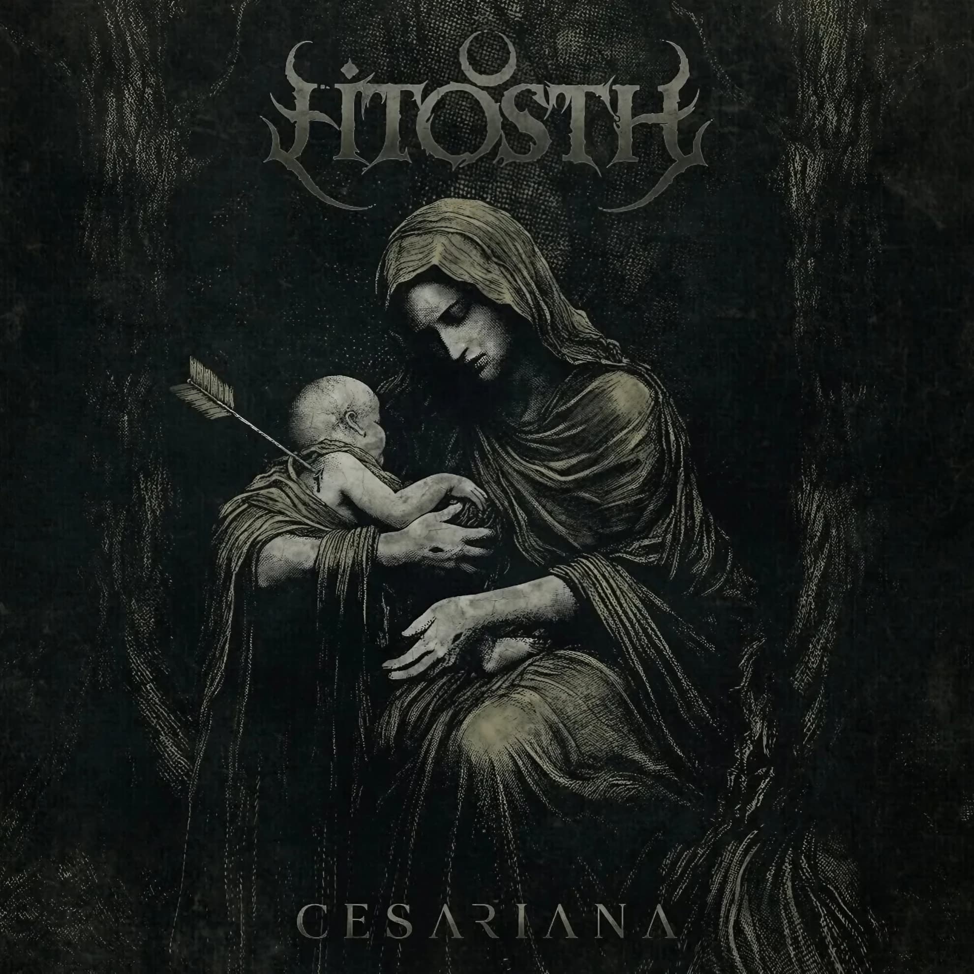 Litosth Turn Golgotha Into an Indictment on ‘Dreaming’ Litosth ‘Cesariana’ album cover: a hooded Madonna figure cradling an arrow-struck infant, grayscale illustration.