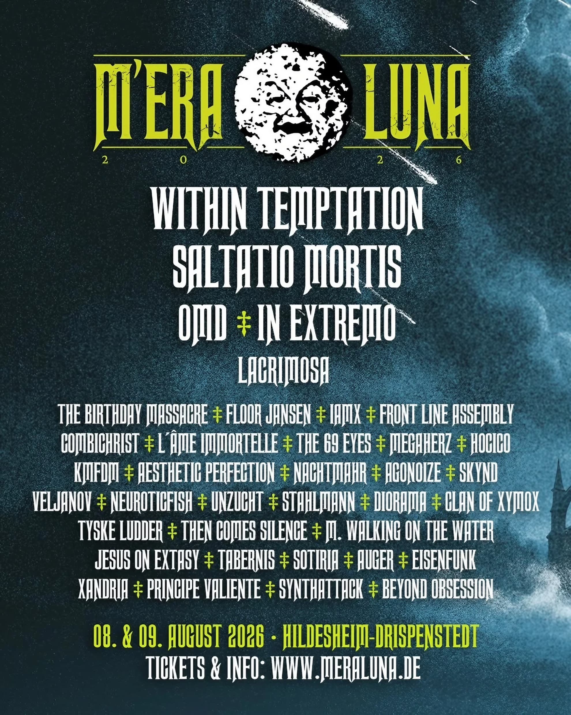 M’era Luna Turns 26 on the Hildesheim Airfield Official M’era Luna 2026 poster lists festival headliners over a crescent moon face design.