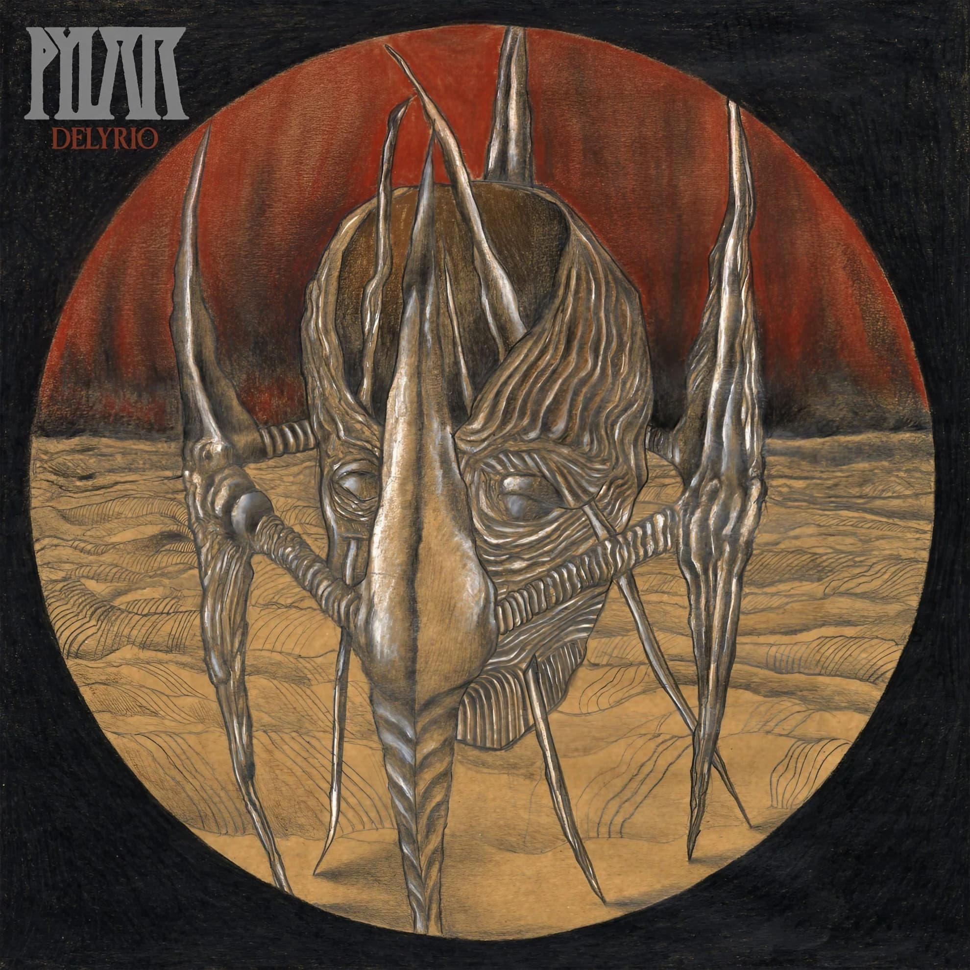 Pylar Turn Delirium Into Method on ‘Delyrio’ Pylar ‘Delyrio’ cover — a silver horned mask-like skull with long curved spines on sand beneath a red sky.