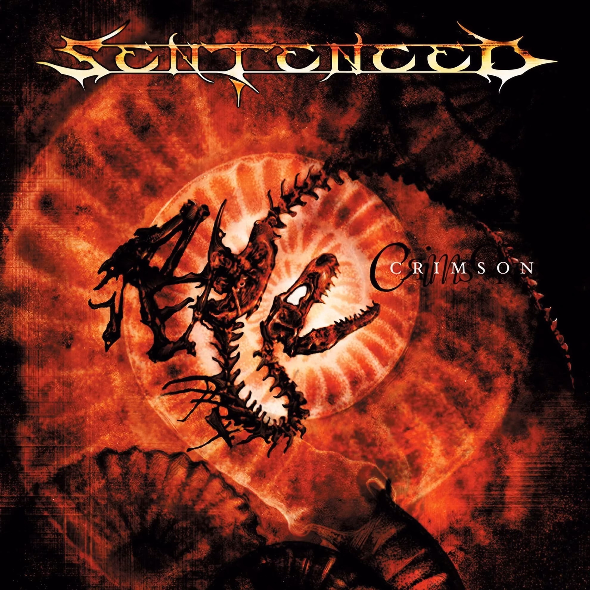 Sentenced and the Finnish Craft of a Chosen Farewell Sentenced’s ‘Crimson’ cover, a skeletal creature over a fiery red-orange burst on black.