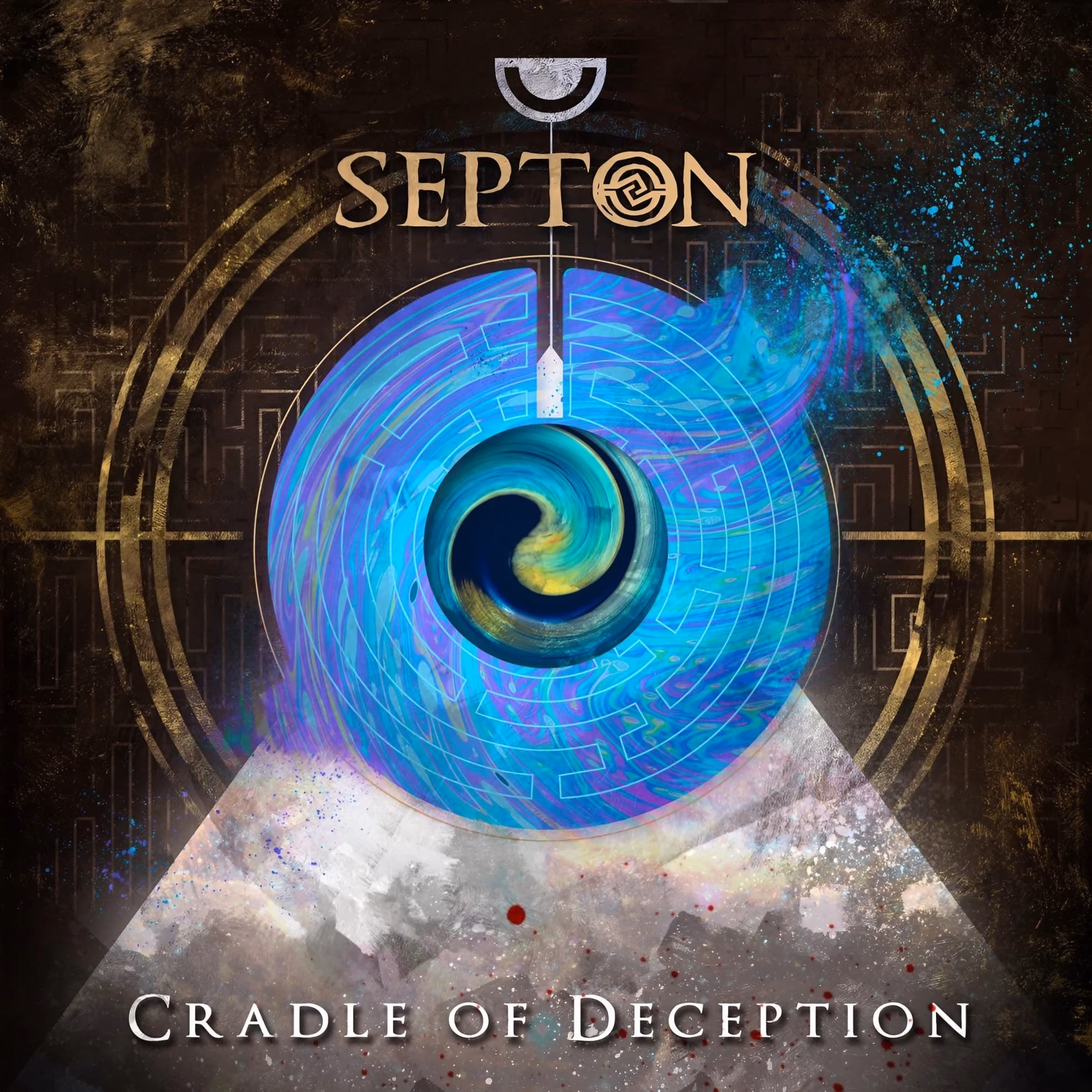 ‘Cradle of Deception’ cover: a blue vortex ringed by a gold labyrinth above a red-flecked peak.