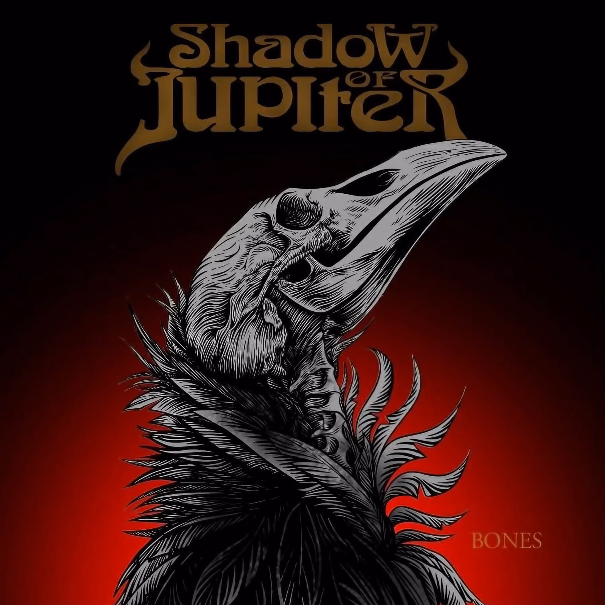 Shadow of Jupiter Drop ‘Bones’ Into the Doom Underground Shadow of Jupiter ‘Bones’ album cover — a skeletal crow rendered in detailed ink against a black and deep red gradient ground.