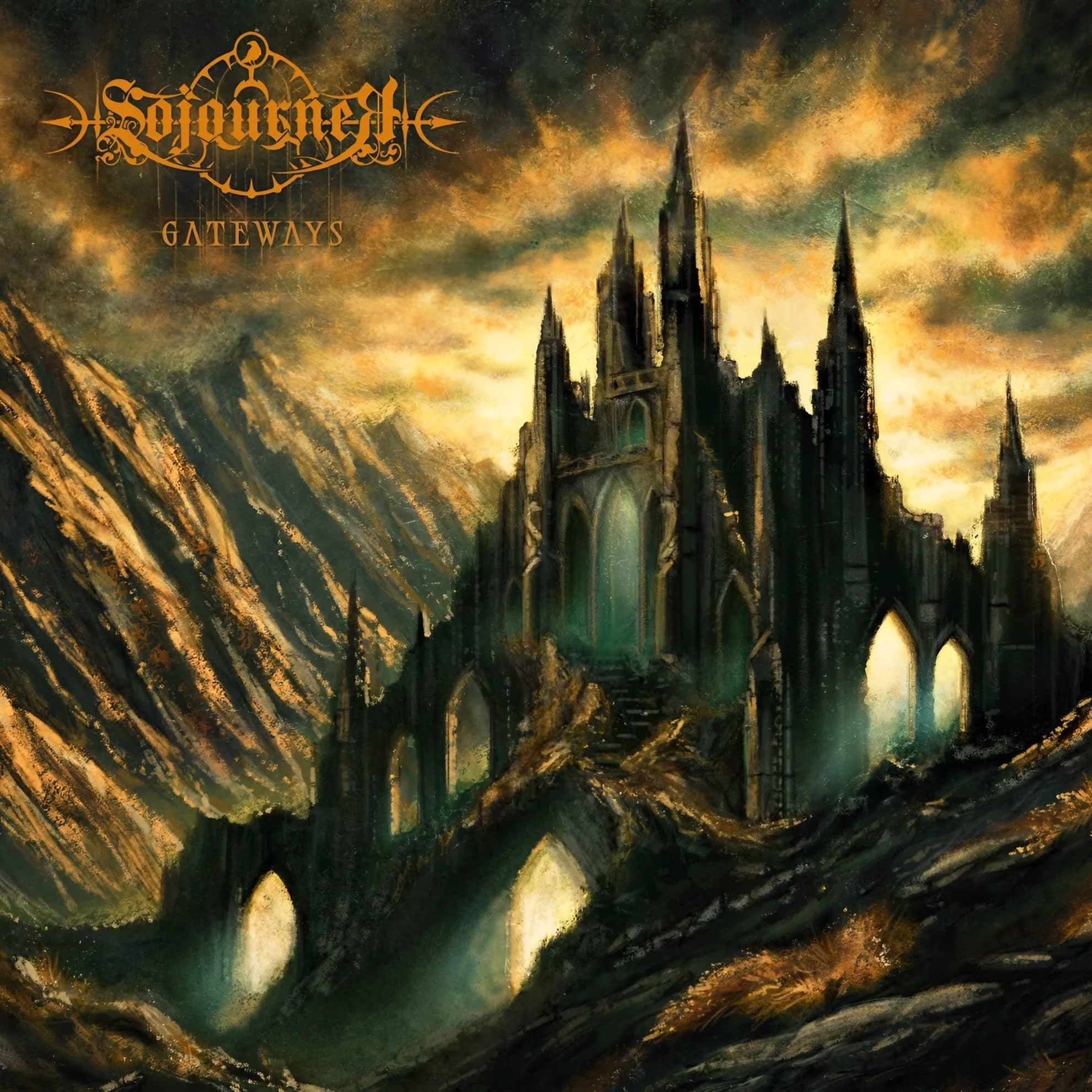 Sojourner Return Across Two Hemispheres on ‘Gateways’ Sojourner ‘Gateways’ cover art — a vast green-stone cathedral ruin on a mountainside beneath a stormy amber and gold sky, with glowing archways below.