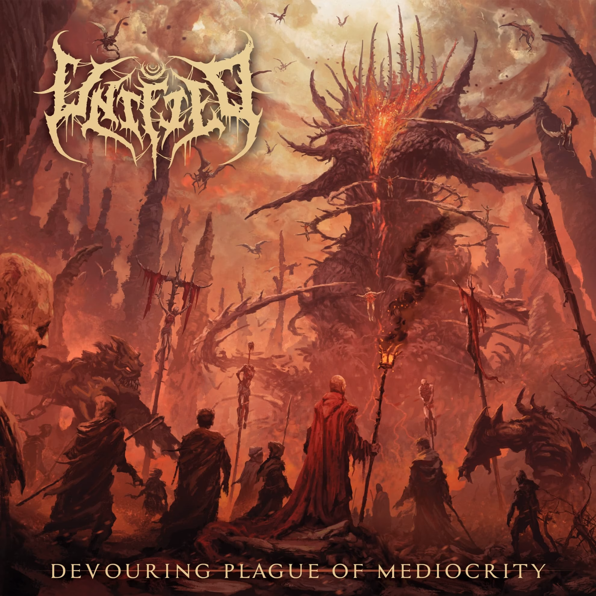 Unified Confront a ‘Devouring Plague of Mediocrity’ Unified, ‘Devouring Plague of Mediocrity’ — a horned colossus rising over robed figures in a burning red-ochre wasteland.