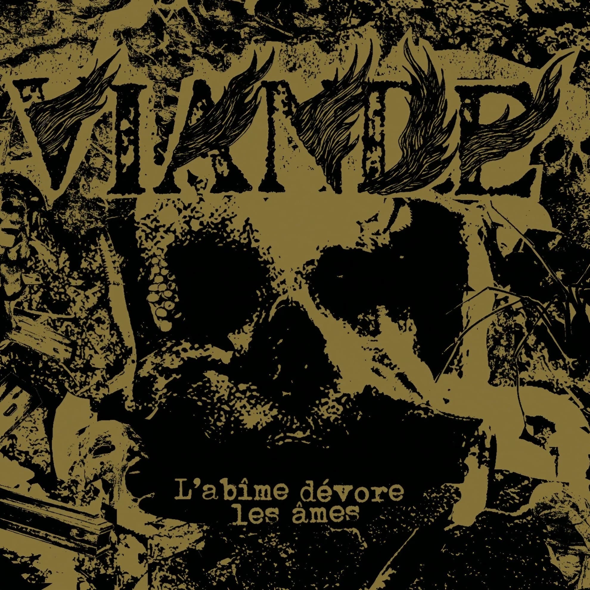 Viande Carve France’s War Dead Into ‘Monument aux Morts’ Viande, ‘L’abîme dévore les âmes’ cover: black-and-gold skull graphic beneath the band’s flame-lettered logo and the album title in gold script.