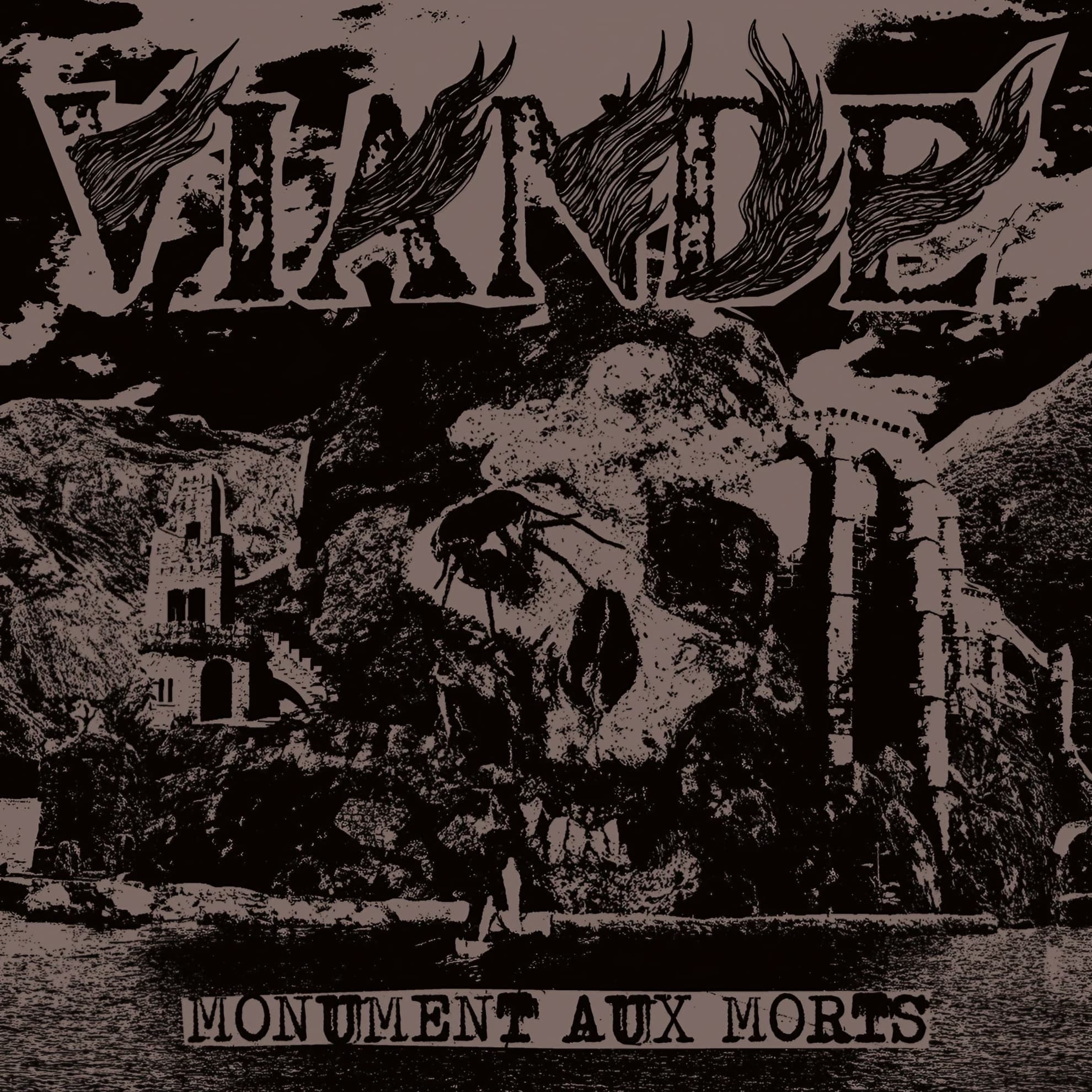 Viande Carve France’s War Dead Into ‘Monument aux Morts’ Viande, ‘Monument aux Morts’ cover: grey-toned line art of a skull-shaped mountain, an industrial complex, and a castle beneath the band’s logo.