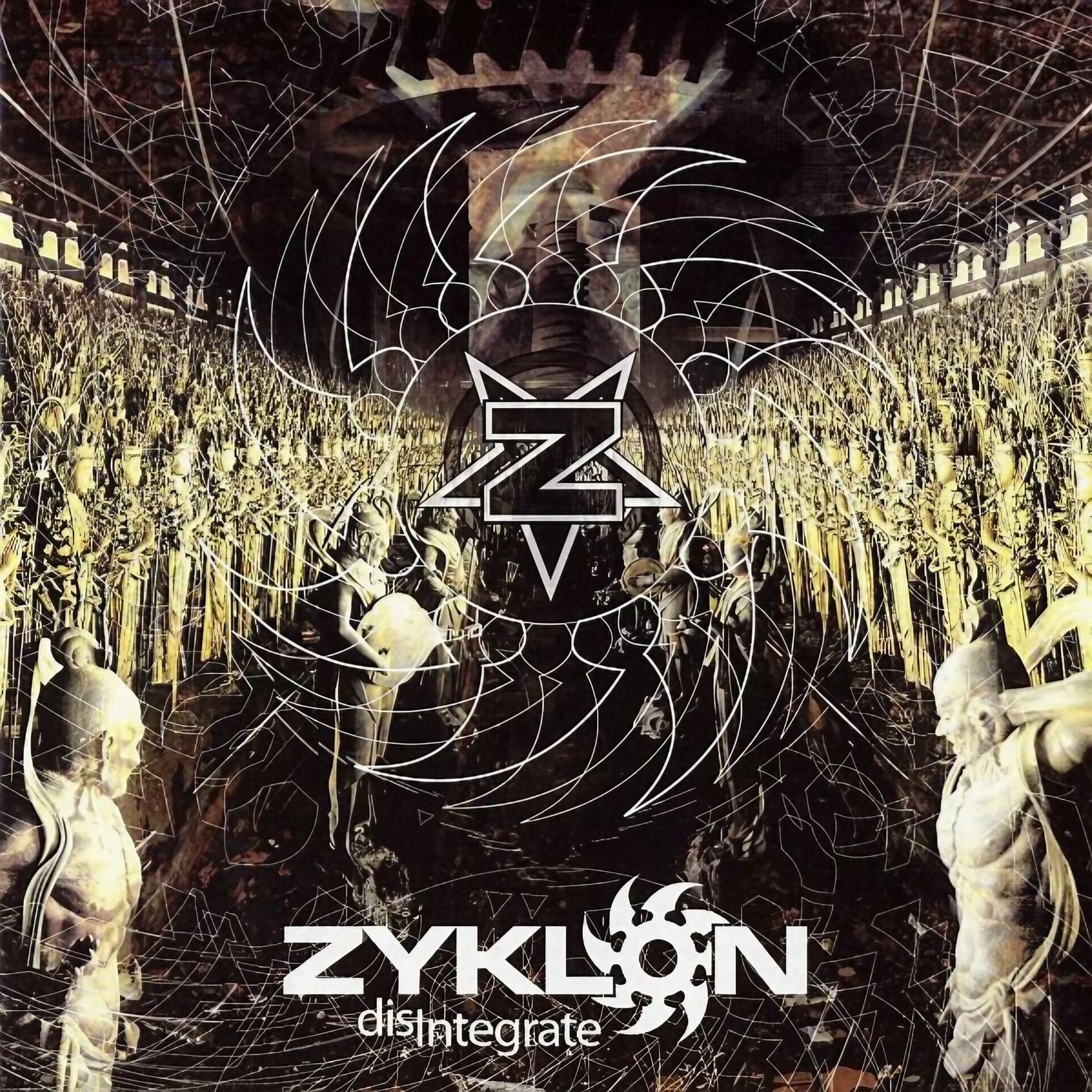 Zyklon and the Machine Inside Norwegian Black Metal Disintegrate’ album cover: robed figures in a wheat field beneath an industrial gear and the Zyklon emblem.