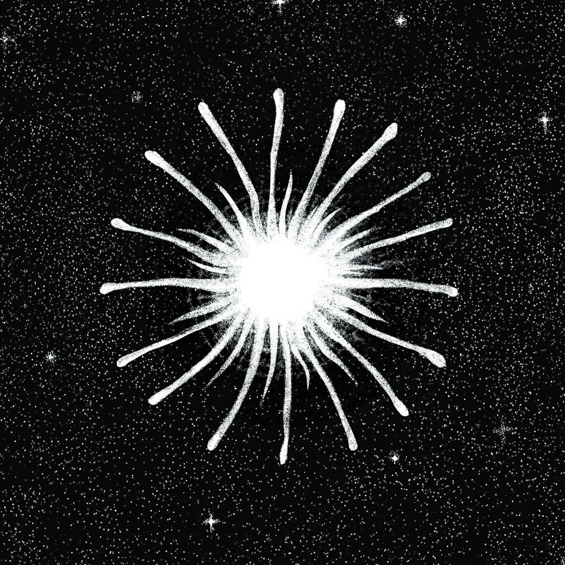 Agonanist, ‘The Spirit of Gravity’ (2026): a radiating white starburst against a black, star-flecked background.