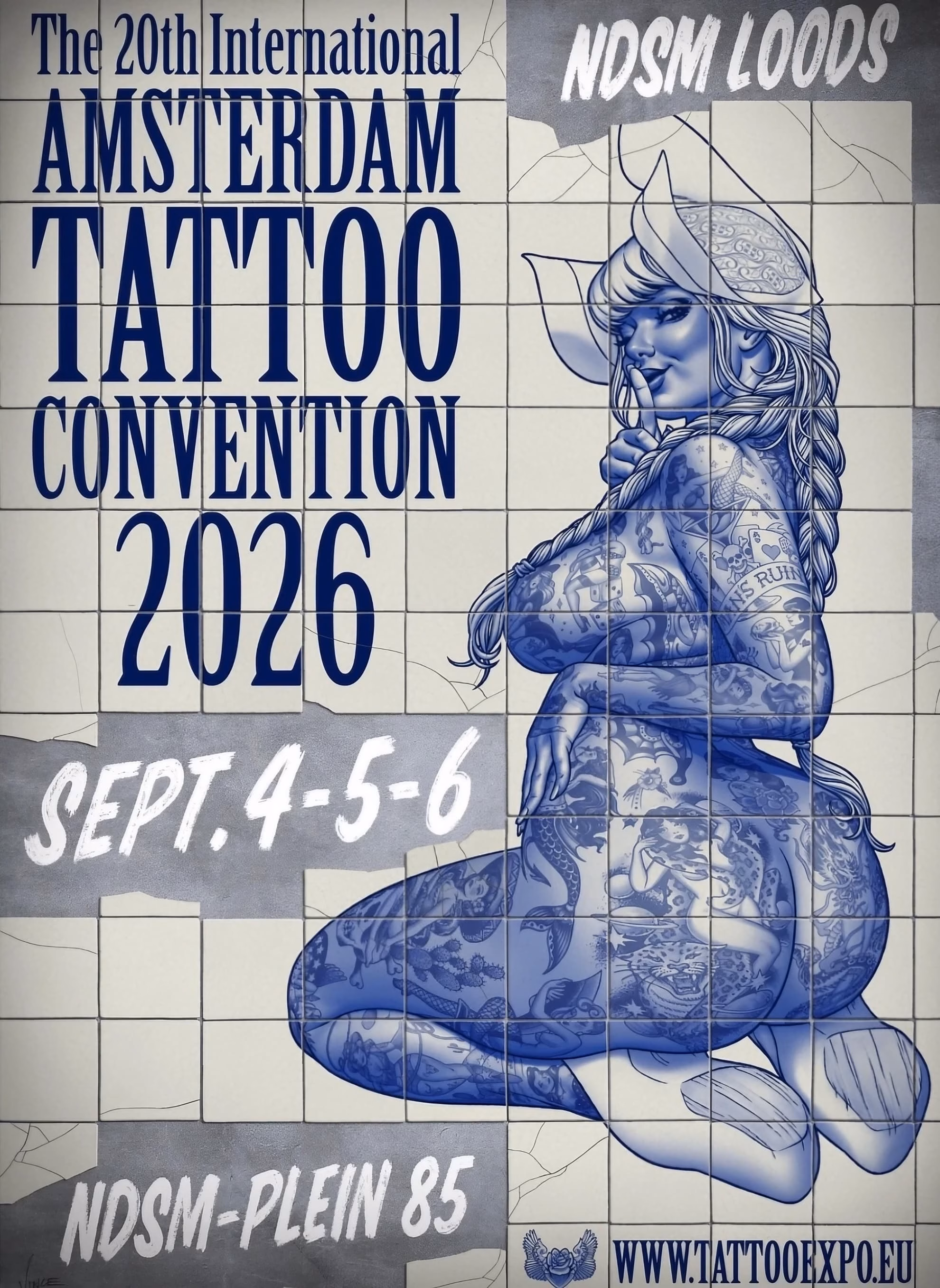 Full poster of the 20th Amsterdam Tattoo Convention's blue tile-mural artwork.