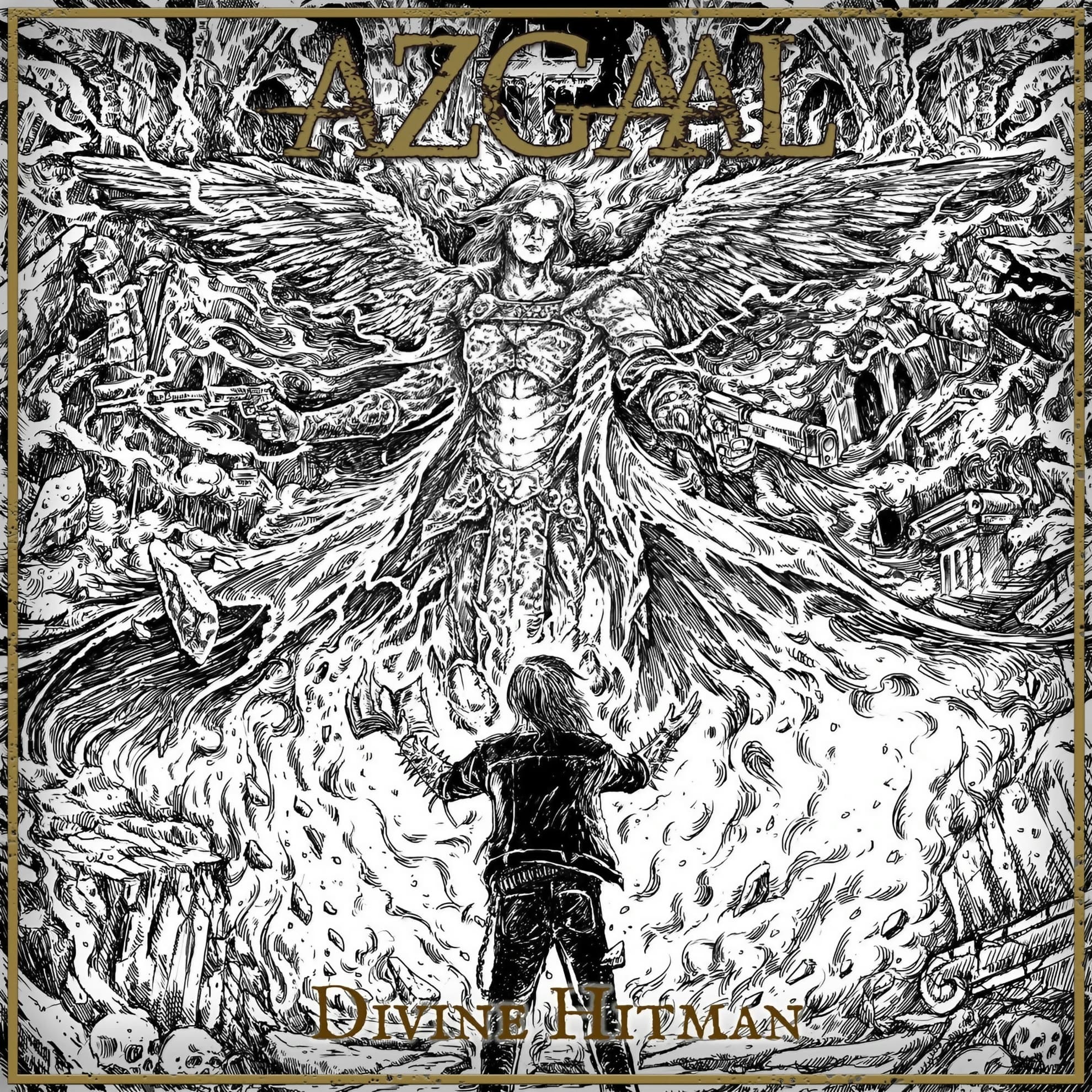 Azgaal’s ‘Divine Hitman’ album cover: a monochrome winged, armed figure descending toward a silhouette.
