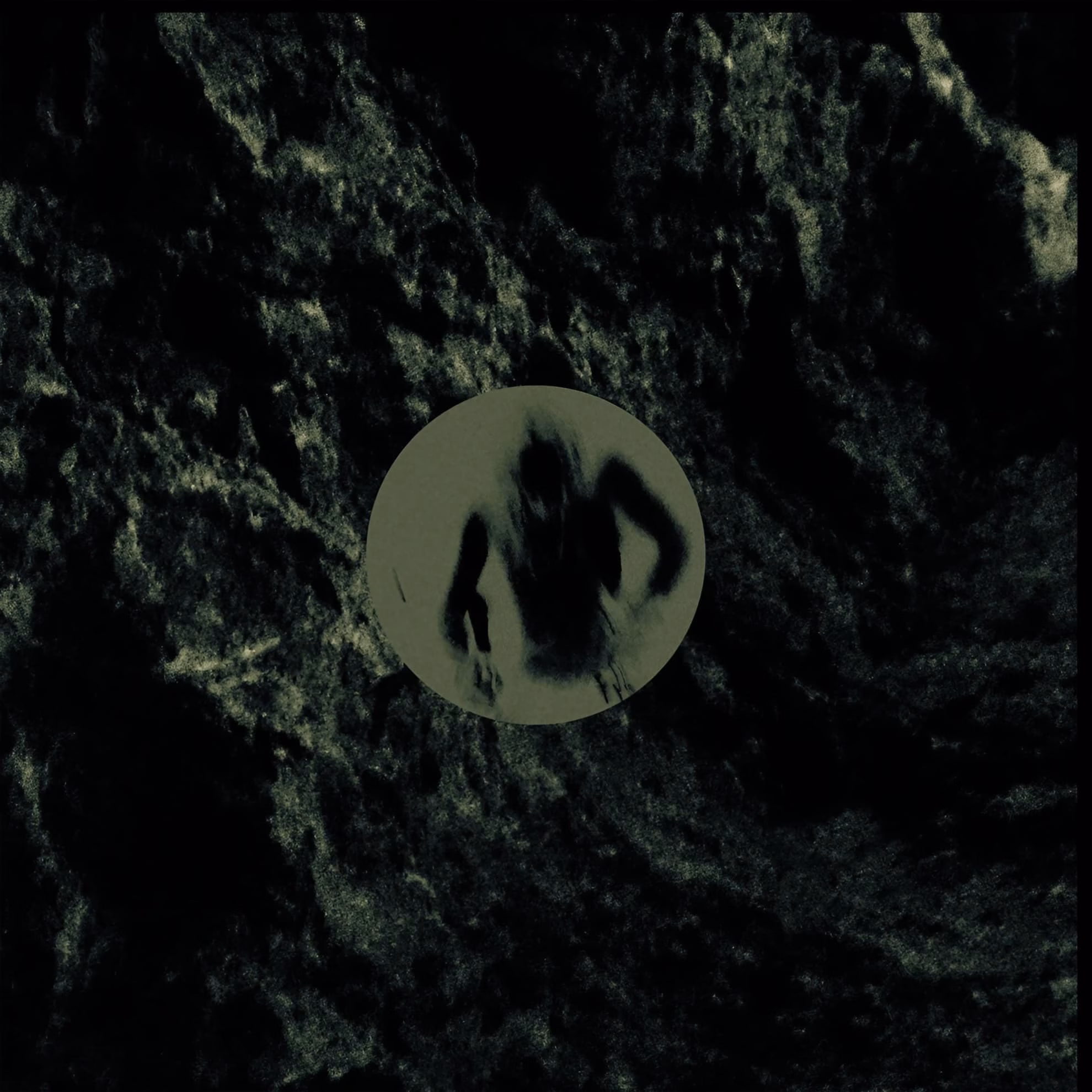 Death. Void. Terror., ‘To the Great Monolith I’ cover: a dark green circular photo insert over black, moss-textured rock.