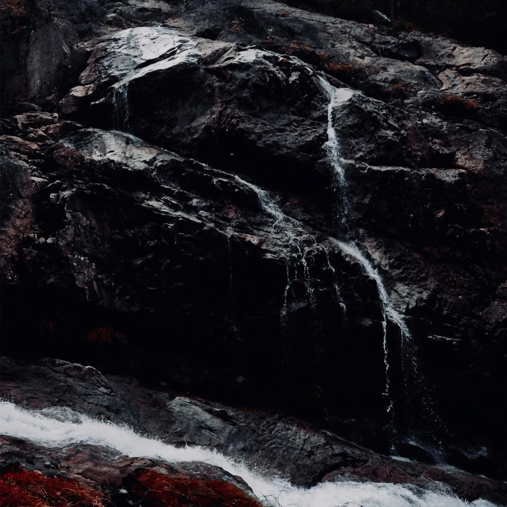 eath. Void. Terror., ‘To the Great Monolith II’ cover: dark wet rock face above a patch of red moss.
