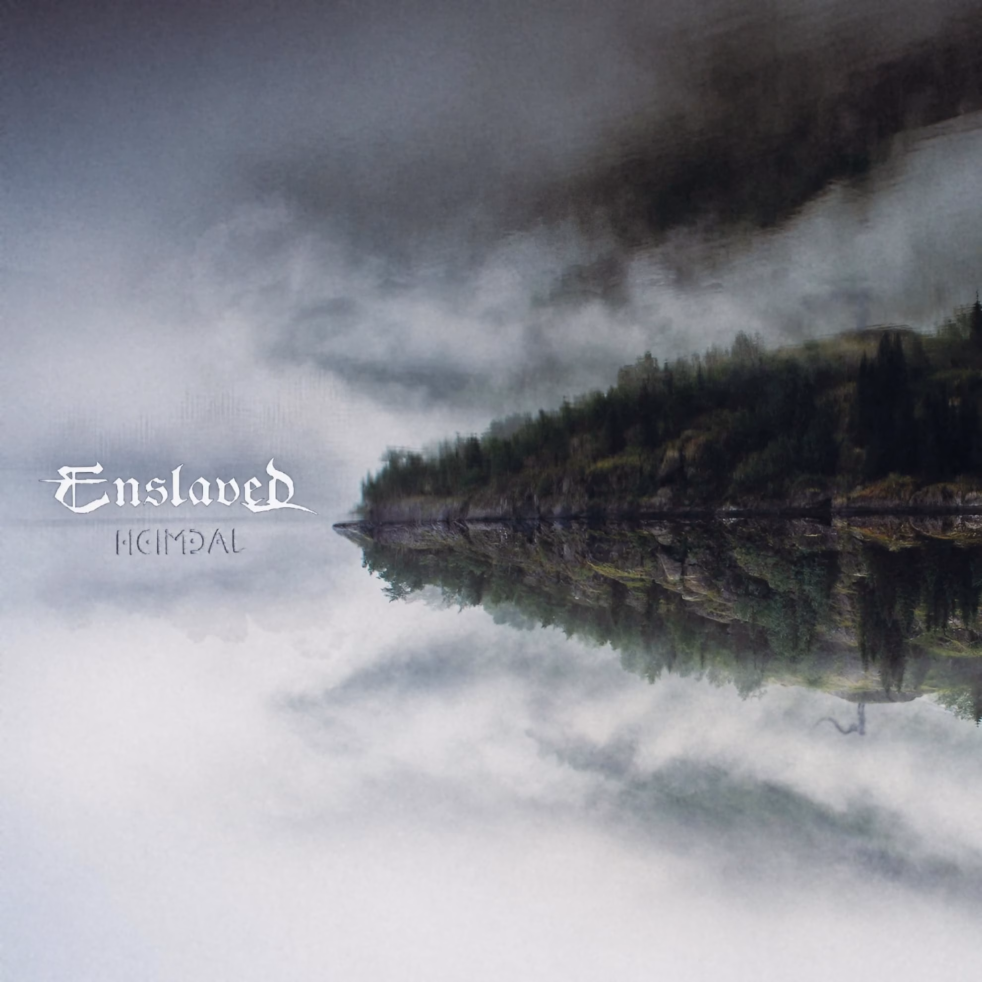 Enslaved, ‘Heimdal’ album cover: a misty fjord reflected symmetrically over still water, band logo at left.